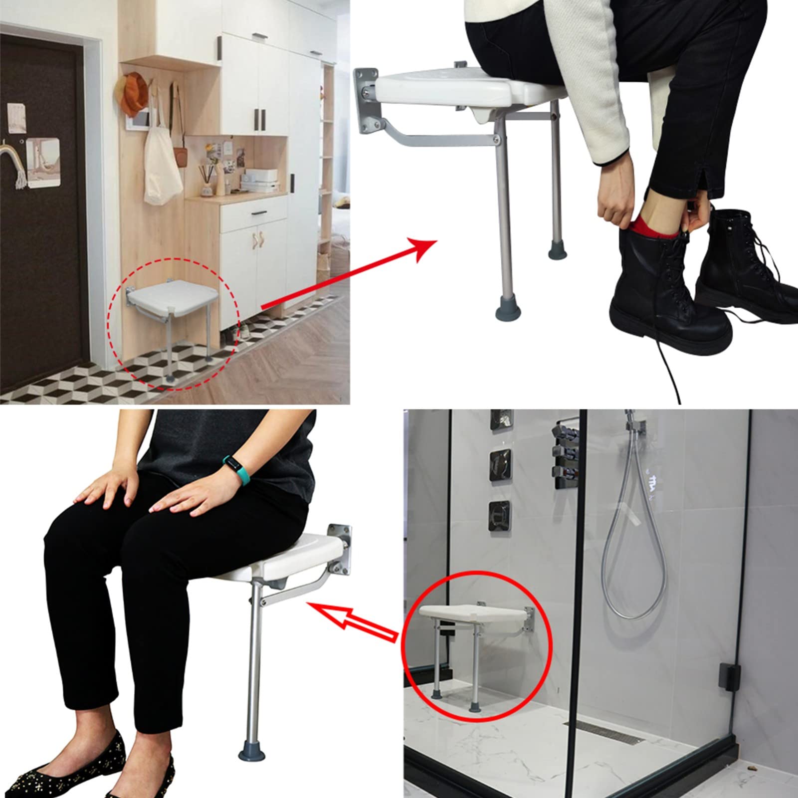 Banco de ducha plegable con agujeros de drenaje y patas antideslizantes, silla de ducha para ancianos, discapacitados, mujeres embarazadas, ranura para cabezal de ducha para mayor comodidad