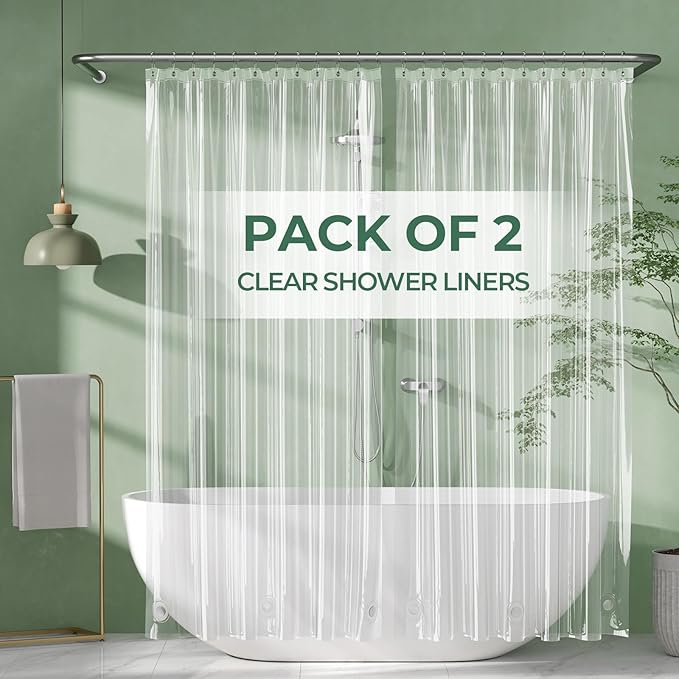 AmazerBath Shower Curtain Liner 2 Pack, 72 x 72 Inches PEVA Plastic Shower Liner with 3 Weighted Stones and 12 Rustproof Metal Grommet, Standard Size Lightweight Shower Curtain - Clear