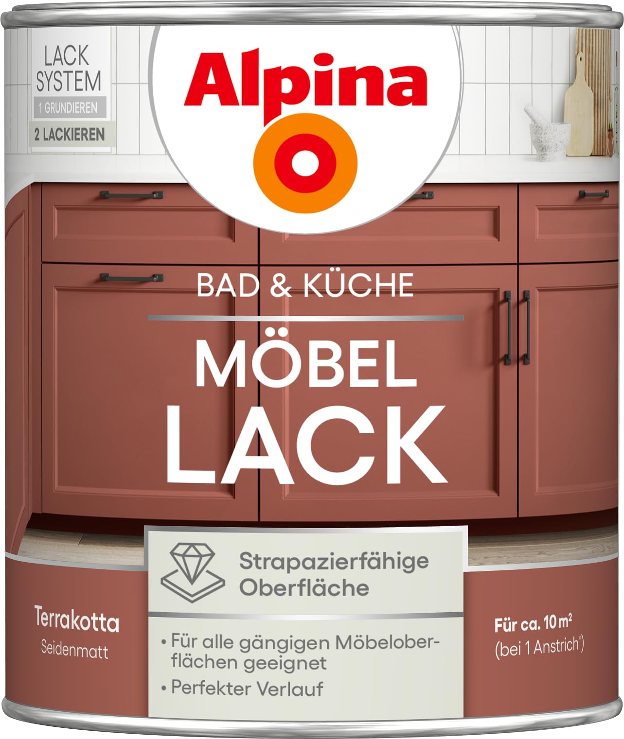 Alpina Bad & Küche Möbel-Lack Terrakotta – seidenmatter Lack für Bad- & Küchenmöbel aus Holz & MDF, streichfertig, hochdeckend & feuchtraumgeeignet, ideal für DIY-Renovierung – 0,75L