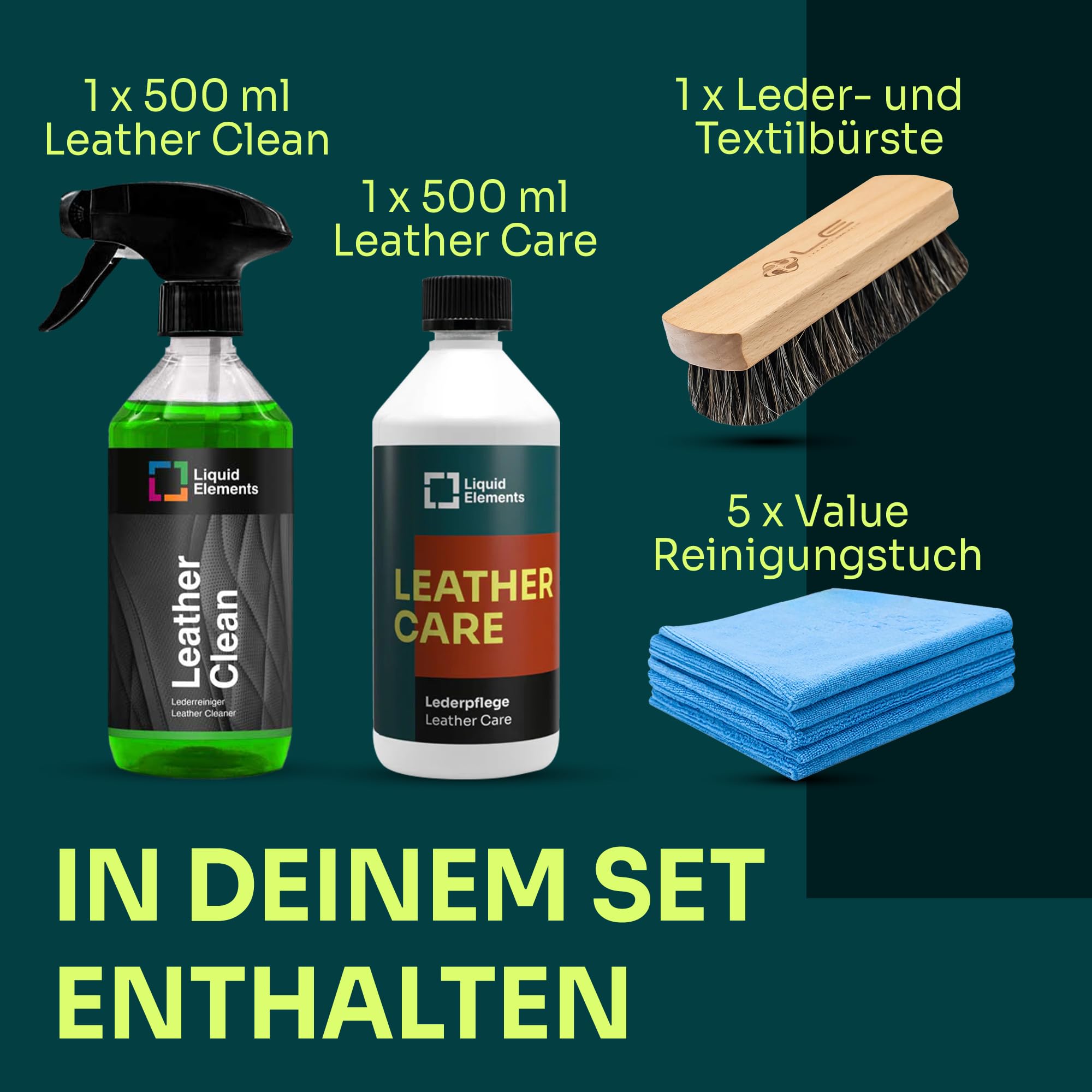 Liquid Elements Leder-Set, Leather Clean & Care 500ml + Zubehör | Sanfte Lederpflege für Auto, inkl. 5x Value Microfasertuch, Leder- & Textilbürste