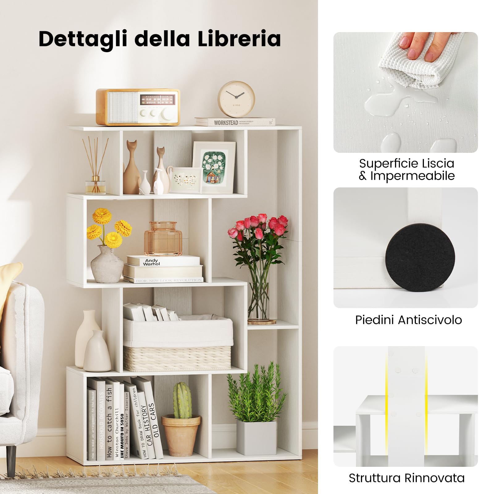 COSTWAY Libreria Geometrica Aperta, Scaffale a 6 Cubi con Kit Anti-Ribaltamento, Mensola Espositiva per Camera da Letto Studio Soggiorno, 80 x 30 x 119 cm (Bianco)