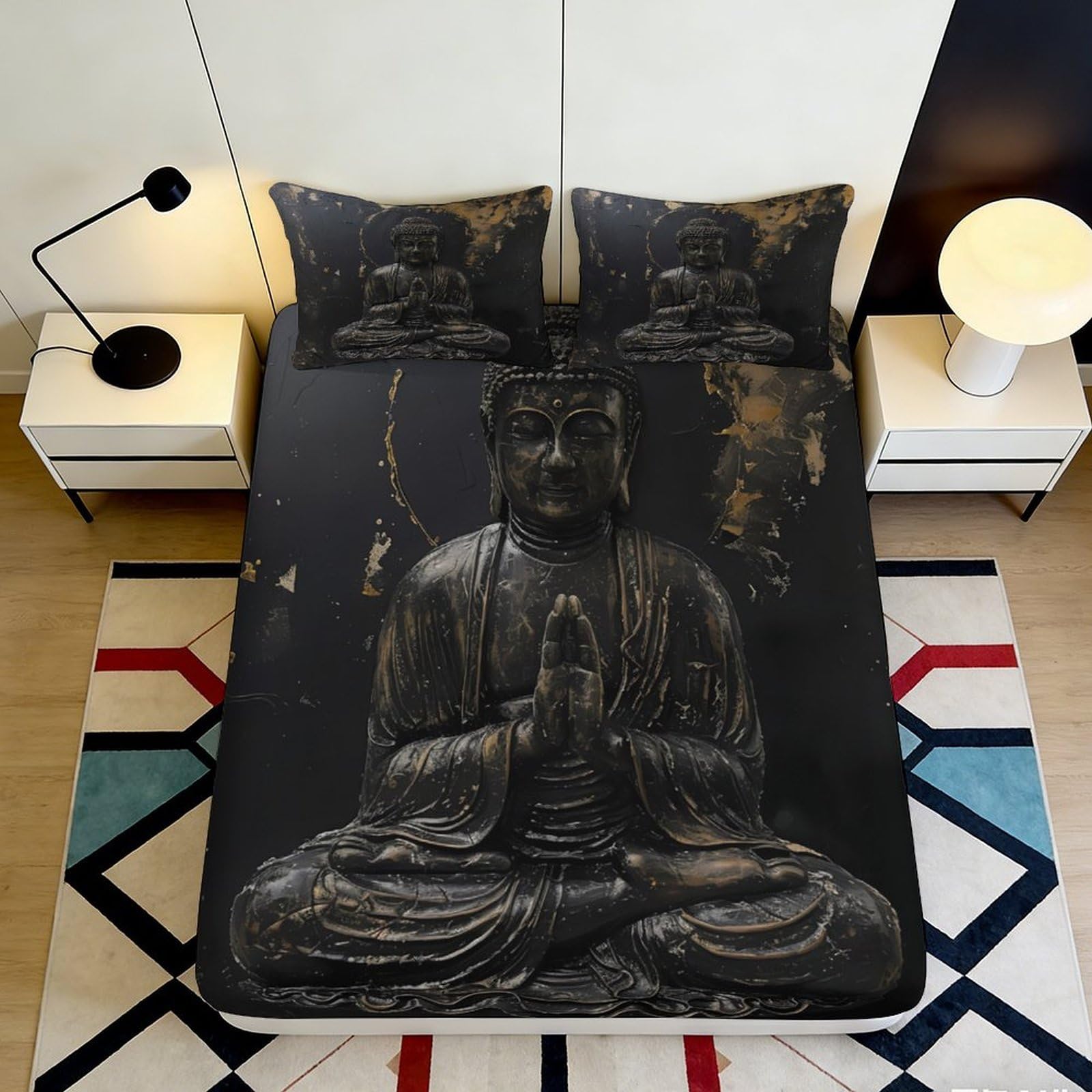 Pnayamiorkfel Style-1 3D Printed Buddha Statue Fitted Sheet Microfiber Black Gold Meditation Bed Cover Non Slip Machine Washable Bedroom Decor 90X200x25cm