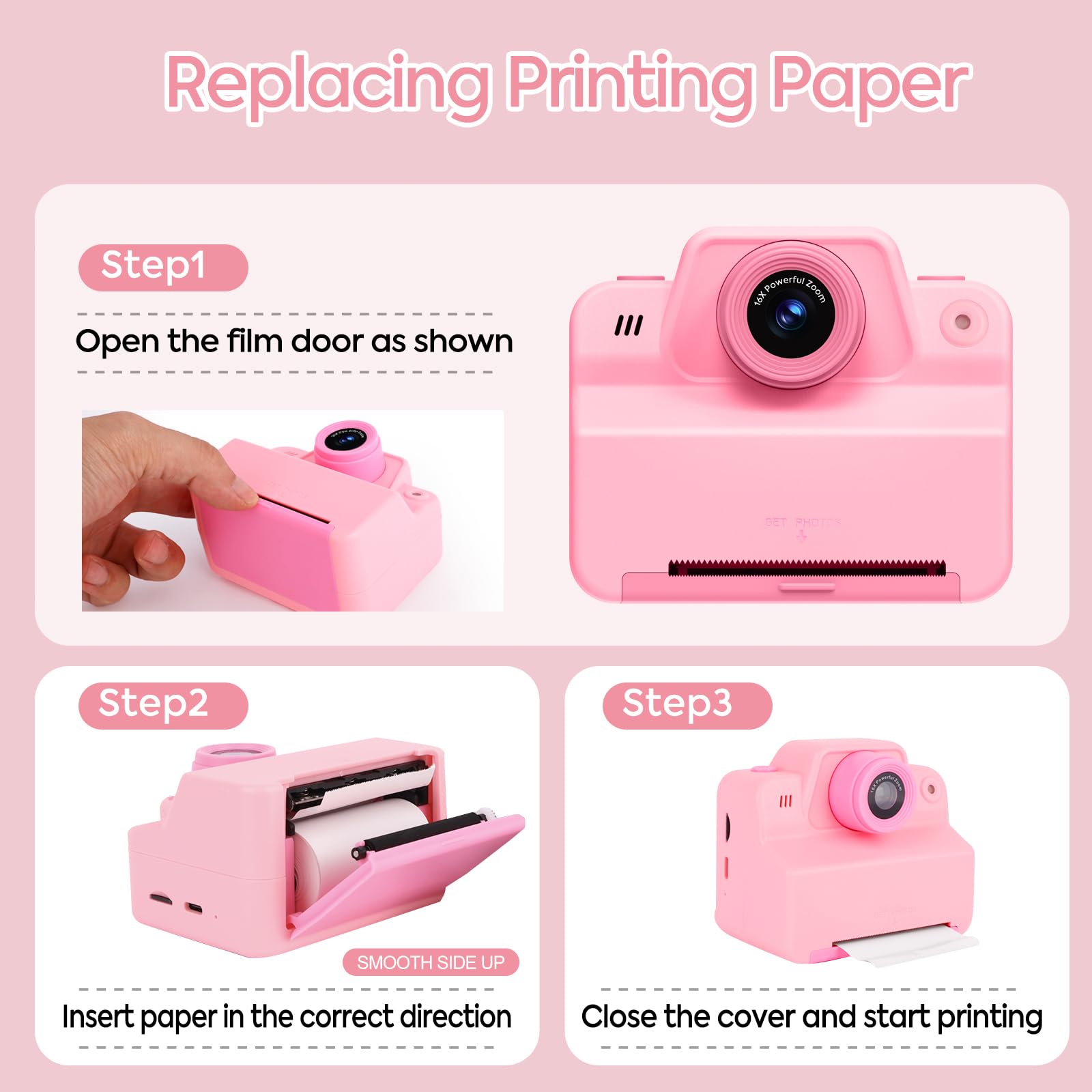 Fotocamera istantanea per bambini, con scheda SD e carta da stampa, 1080P, fotocamera digitale per bambini, regalo di compleanno di Natale, per ragazzi e ragazze, 3-12 anni (rosa)