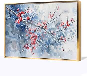 Amazon.co.jp: 絵画 冬の梅の花インテリア 絵画 魅力的な花 油絵