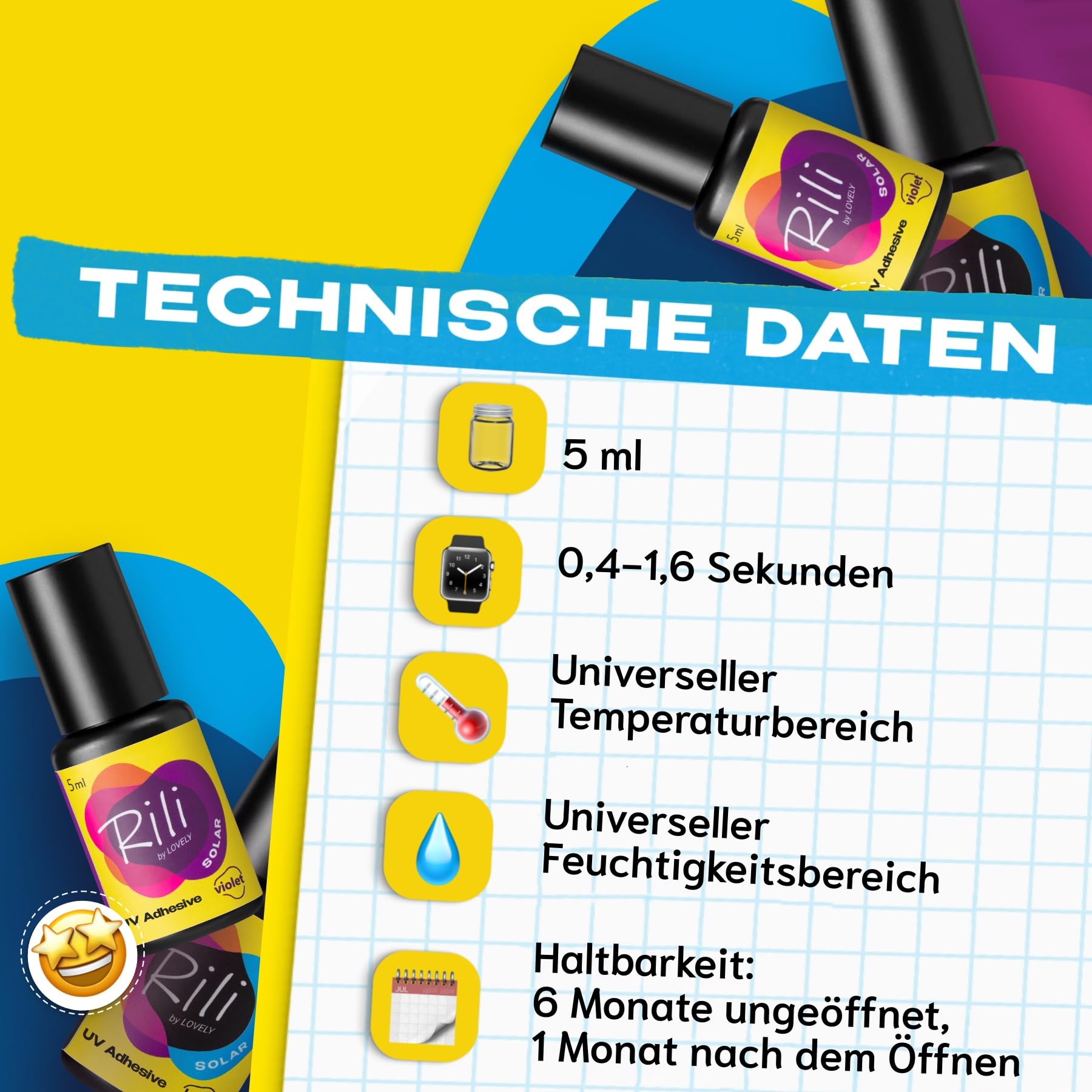 LOVELY Rili SOLAR UV Wimpernkleber Schwarz 5ml für Wimpernverlängerung mit UV Licht - geringe Dämpfe, sofortiges Aushärten, zuverlässige Haftung bei jedem Klima - für Fremdanwendung & Studios geeignet