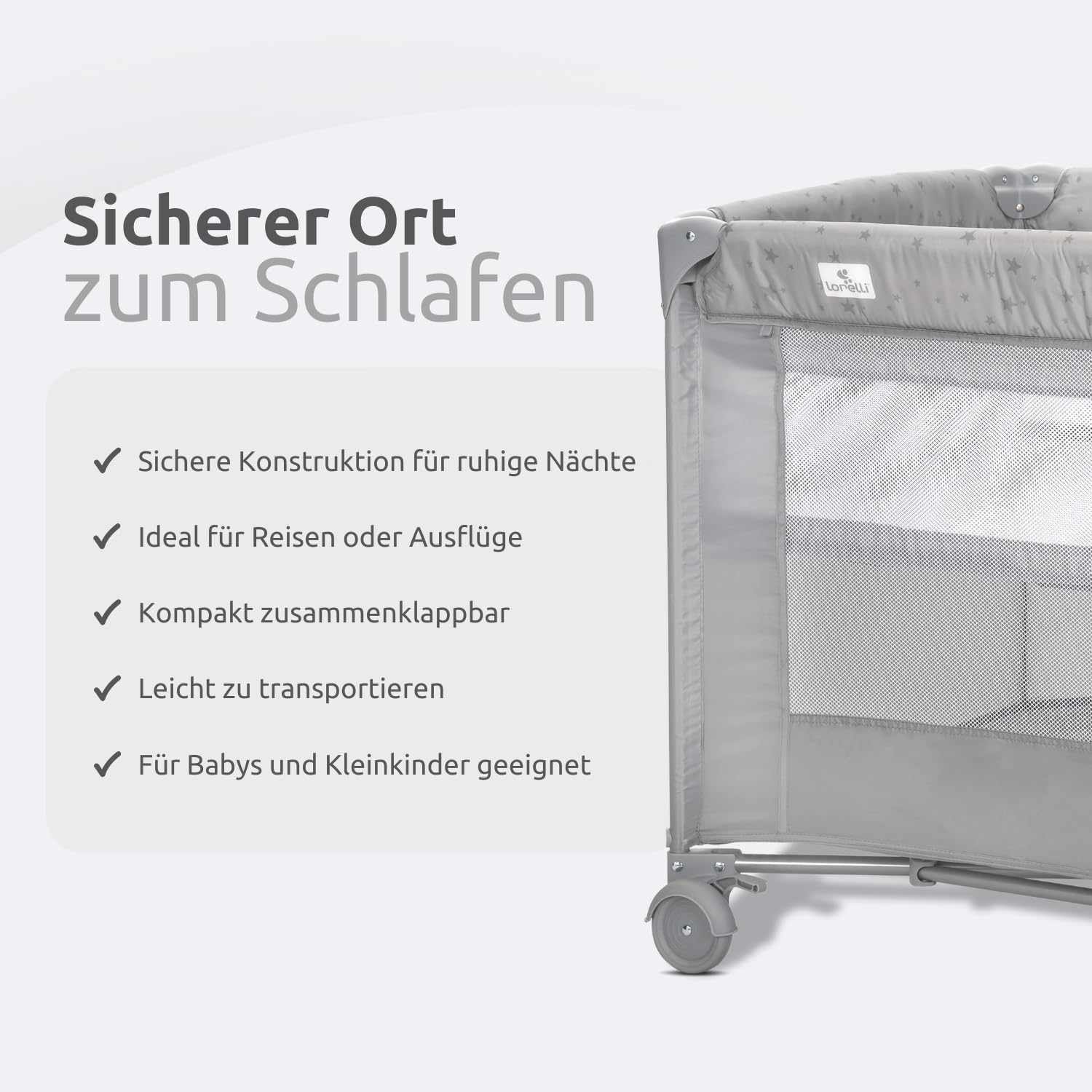 Lorelli 2 in 1 Babybett und Laufstall Carina 2 Ebenen mit Neugeborenen Einsatz und Seiteneingang, Kinderbett ab Geburt bis 15 kg, Baby Reisebett, faltbar inkl. Transporttasche, Grau