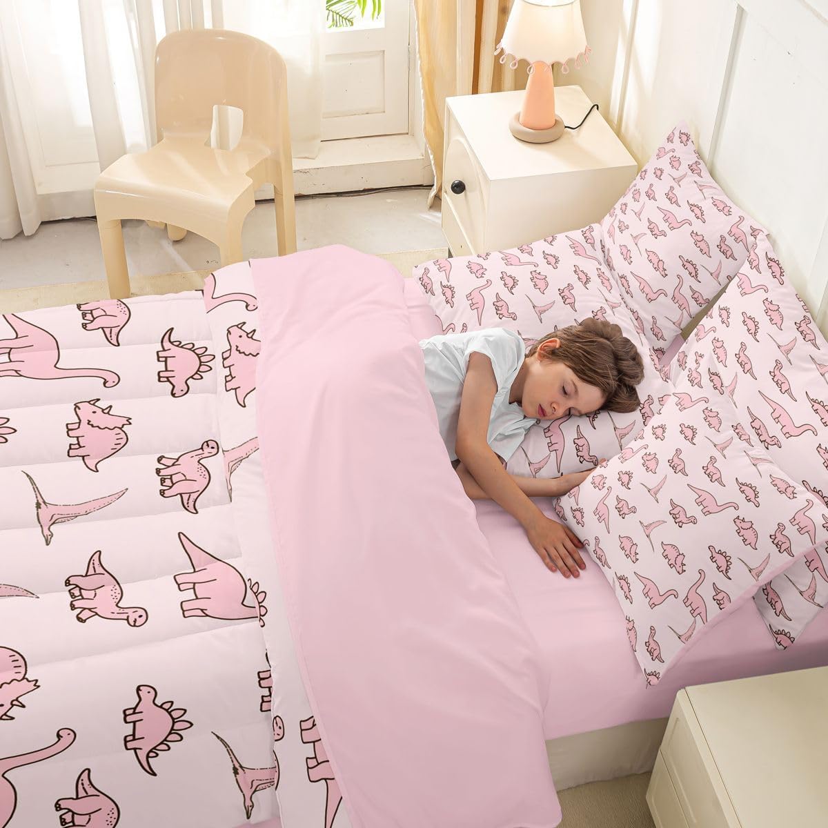 Erosebridal Dinosaur 7 Piece Bedding Set Full Light Pink Dino Comforter Set with Sheets Lovely Cute Animals Bed in A Bag Ancient Jungle Animals Bed Sets with 2 Pillowcases, 2 Throw Pillow Covers