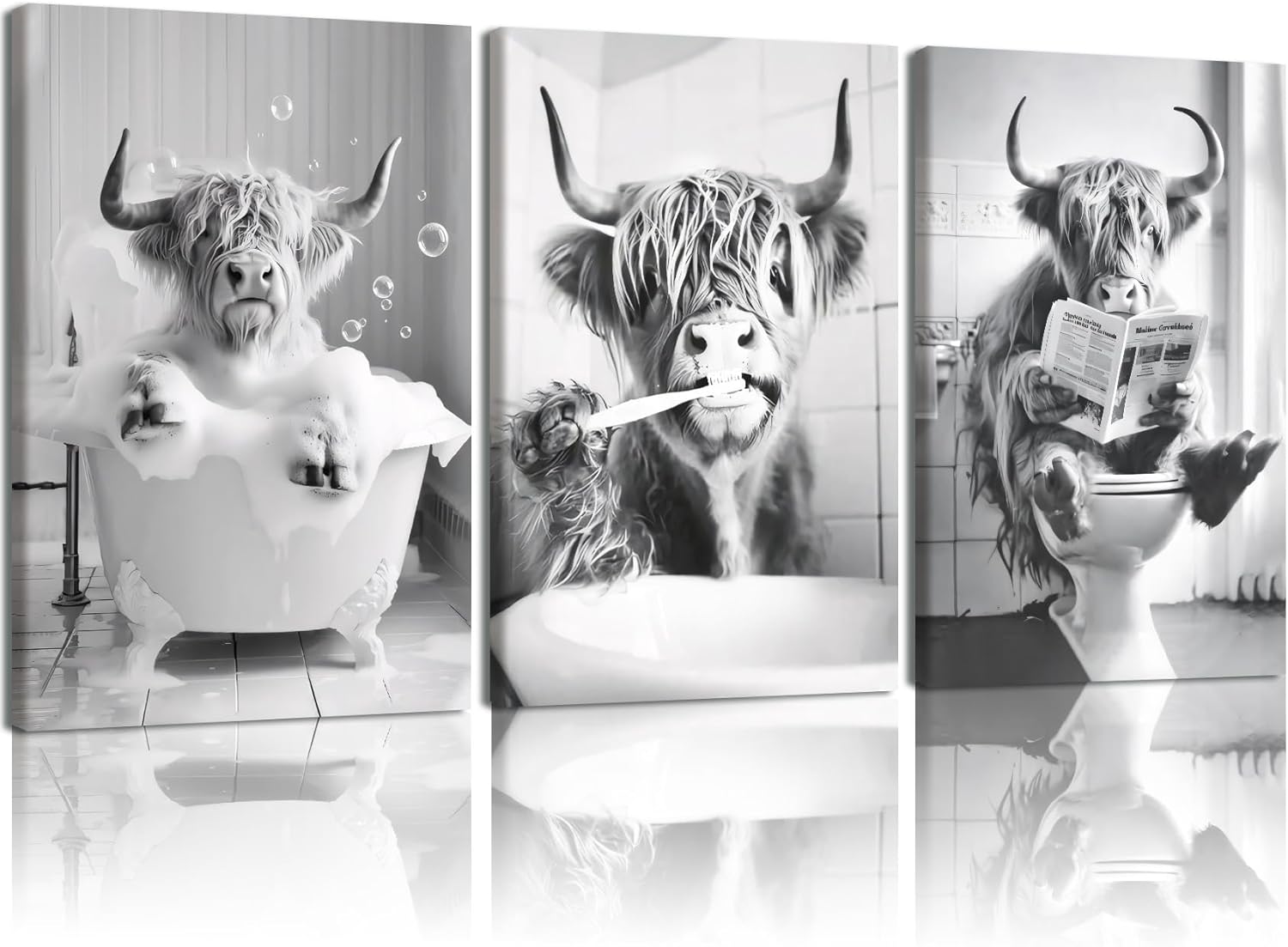 Kdyudo 3 pcs Highland Cow Toilet Canvas Framed Wall Art, Funny Animal Bathroom Print Pictures Black and White Funny Animal Cow Painting Poster Artwork for Bathroom Toilet Wall Decor 16×24 inche