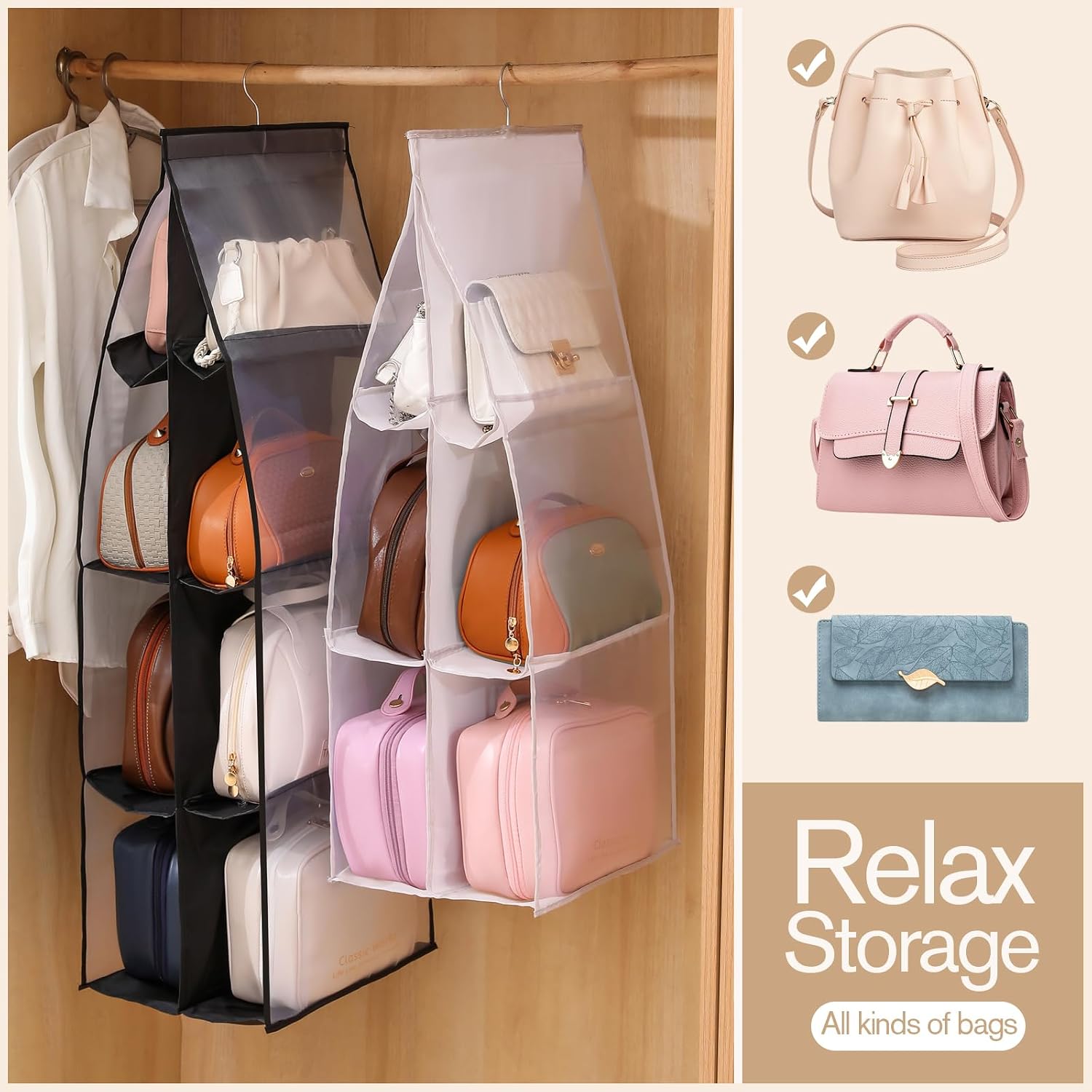 Hanging 8 Pocket Handbag Storage System, Clear Window Display, Stainless Steel Hook (black, 2 X 8 Pocket)