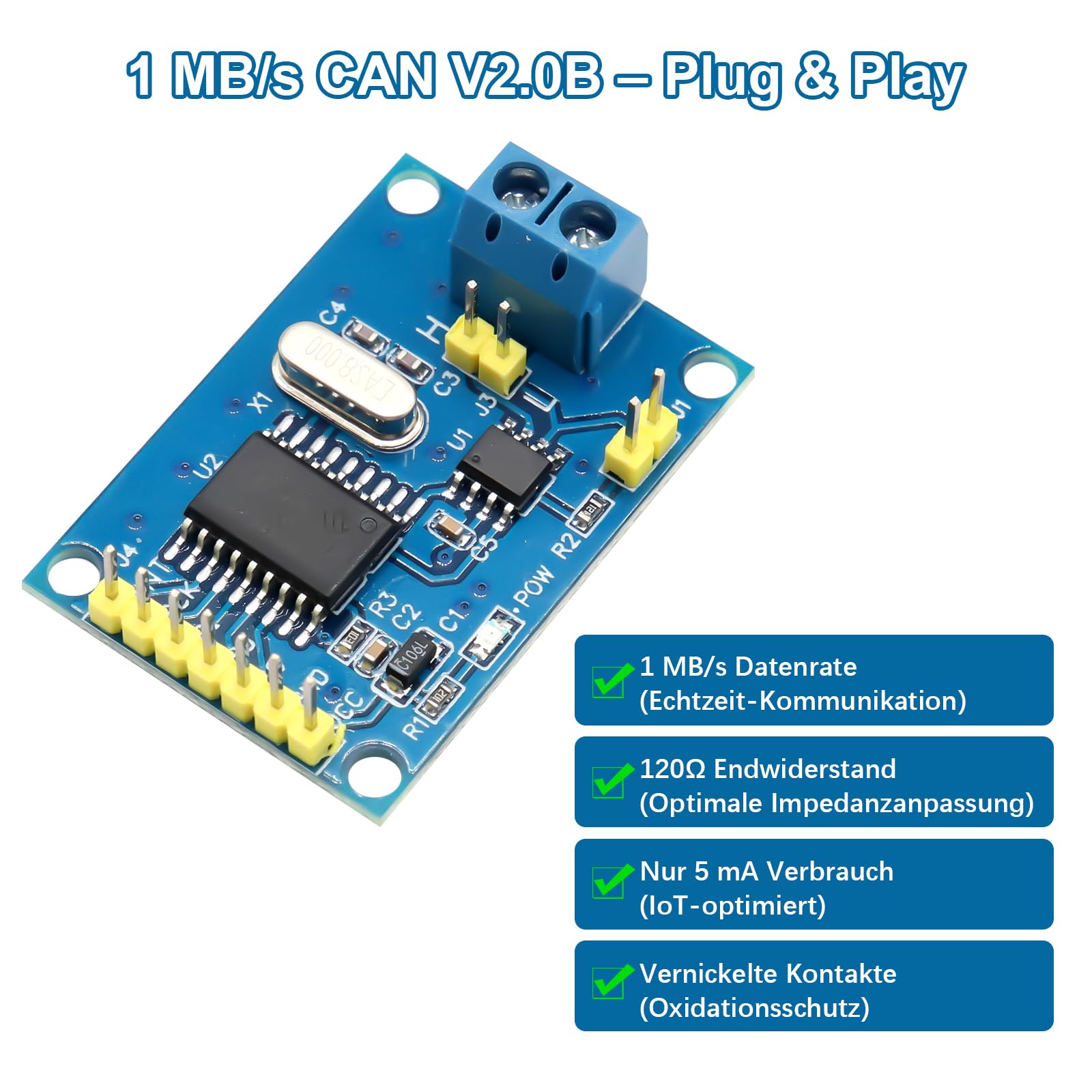 3 moduli canbus MCP2515 con TJA1050 – modulo di interfaccia SPI compatibile con Arduino, Raspberry Pi & IoT 5 V DC, 1 MB/s, 120 Ohm regolazione di impedenza per industria 4.0, Smart Home