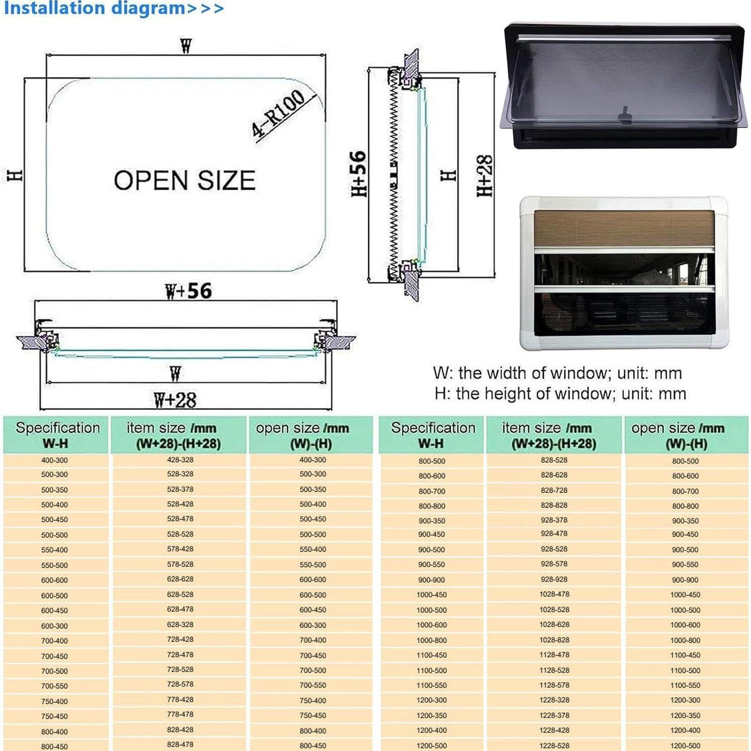 Wohnmobil- und Wohnwagenfenster mit Sonnenschutz – Camper Fenster Ausstellfenster für Camping, mit integriertem Rollo und Fliegengitter, geeignet für mit einer Wandstärke von 25-55 mm,1000x800mm