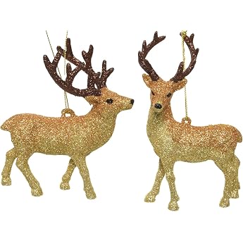 Kaemingk Christmas Tree Decoration Plastic 11 cm x 1 Piece Assorted Deer with Glitter Shatterproof Gold