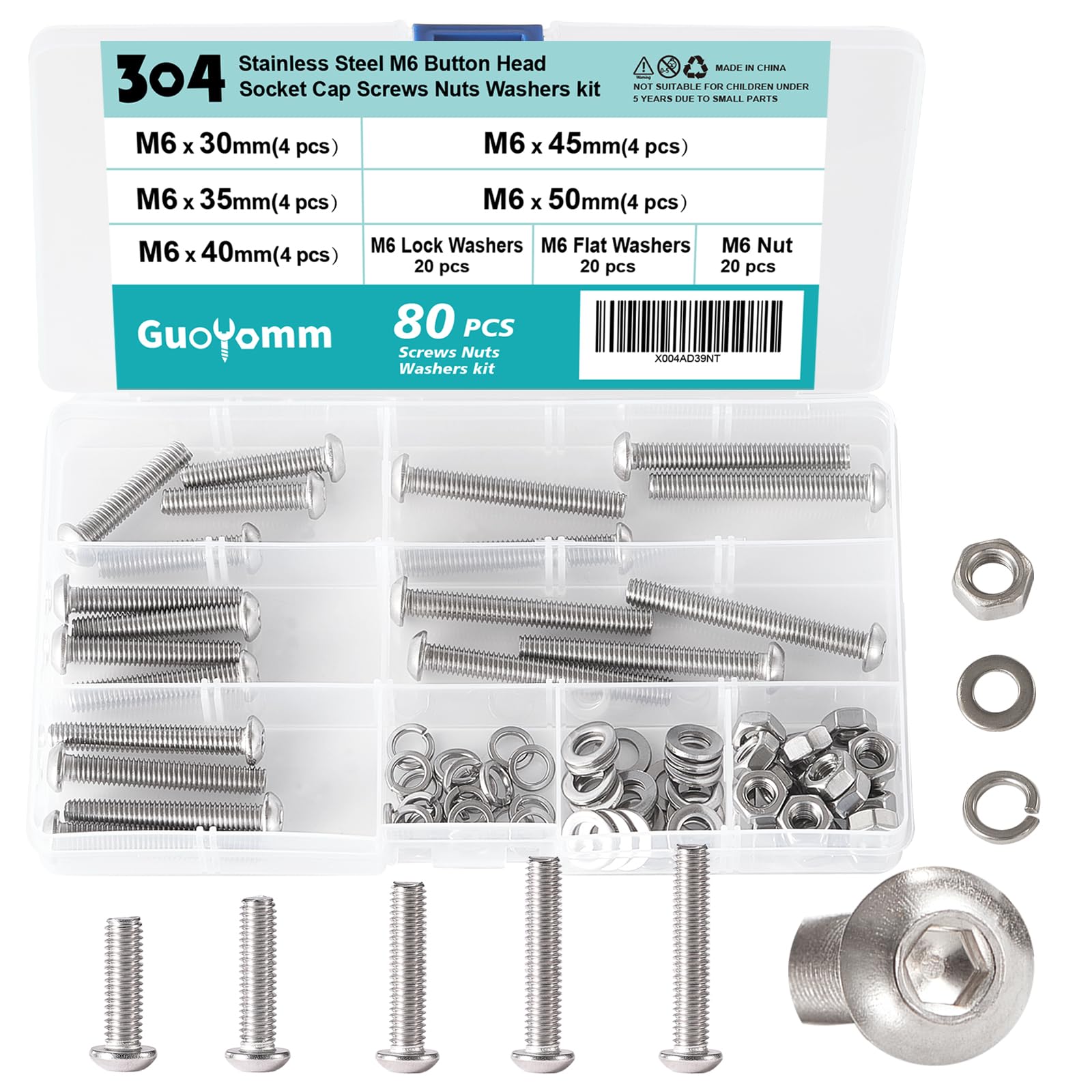 GuoYomm 80 PCS M6 x 30mm 35mm 40mm 45mm 50mm, Button Head Socket Cap Screws Bolts Washers Nuts Assortment Kit, Stainless Steel 304, Metric Allen Hex