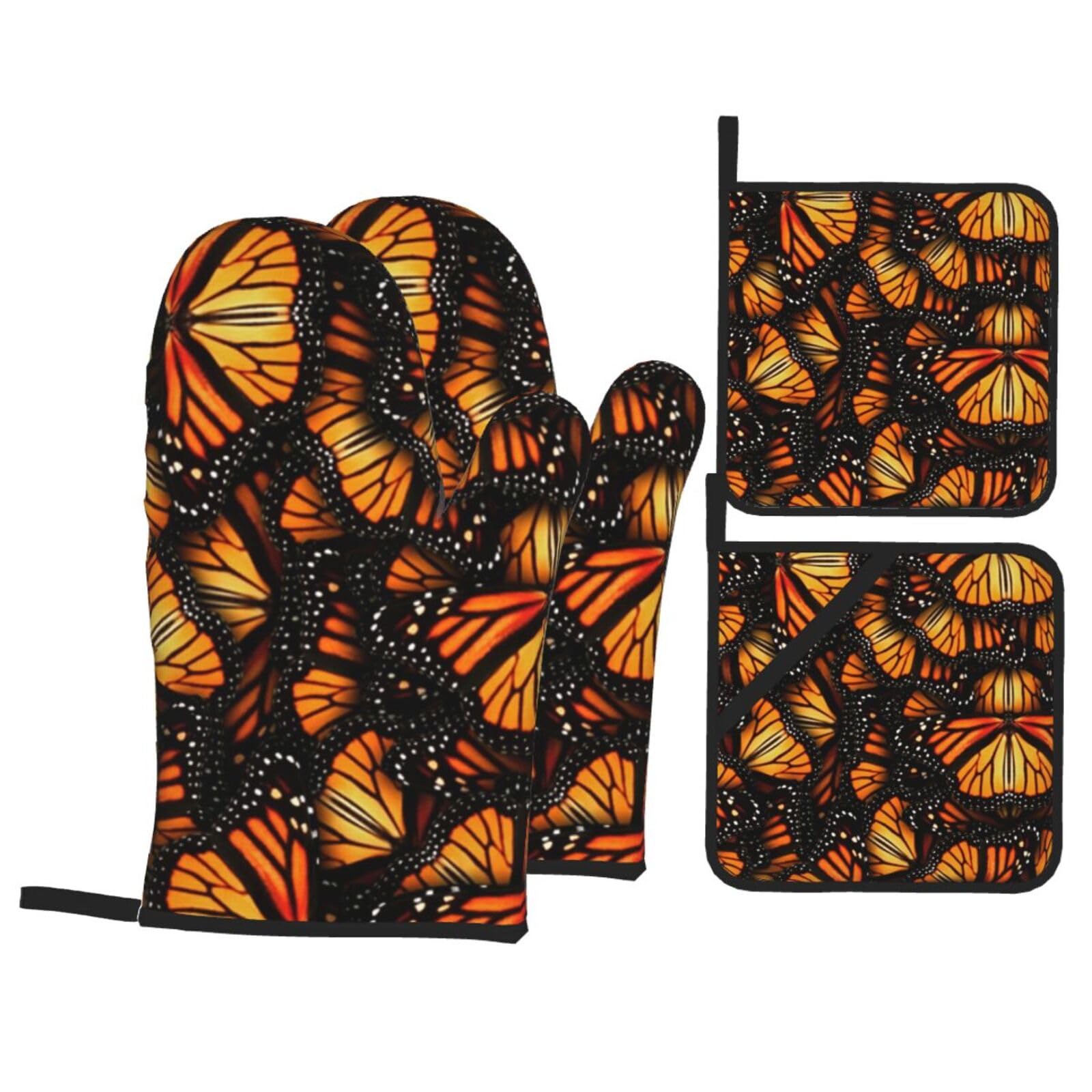 Heaps Of Orange Monarch Butterflies Print Stylish Heat-Resistant Oven 4-Piece Set Kitchen Gloves Roasting Daily Cooking