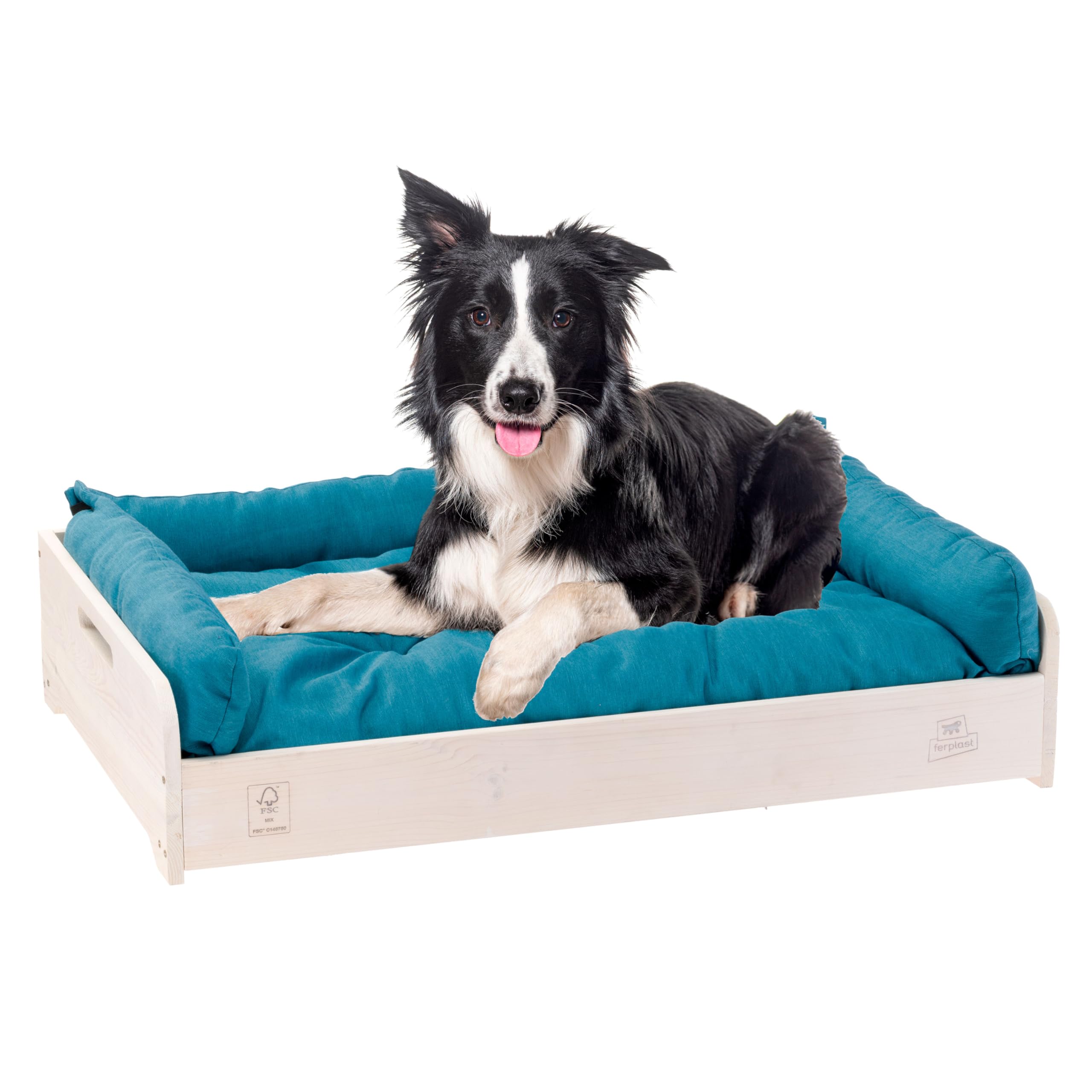 Ferplast Cama Perro y Gato con Cojin Hall, Cama para Perros y Gatos, Almohada Lavable, Madera FSC, Cama para Perros Medianos y Gatos, Transpirable y Antideslizante, 80.5 x 53 x h 17.5 cm