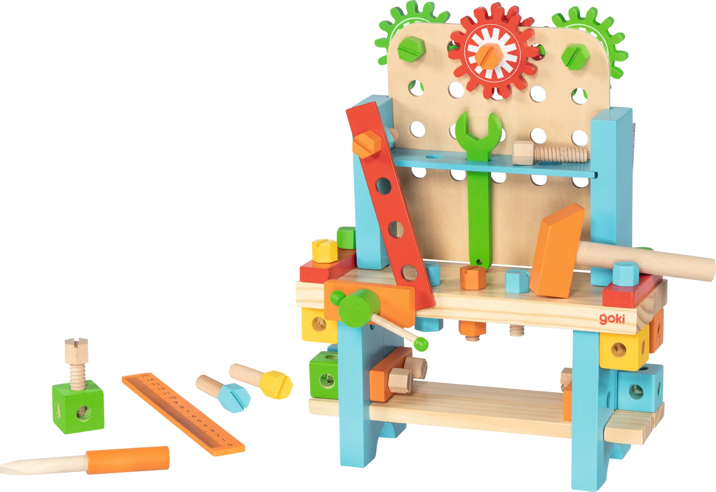 goki 58386 - Meine erste Werkbank aus Holz, Holzspielset für Heimwerker inkl. Hammer, Schrauben, Dreher und vieles mehr, fördert Feinmotorik und Fantasie der Kinder, 57er Set, ab 3 Jahre