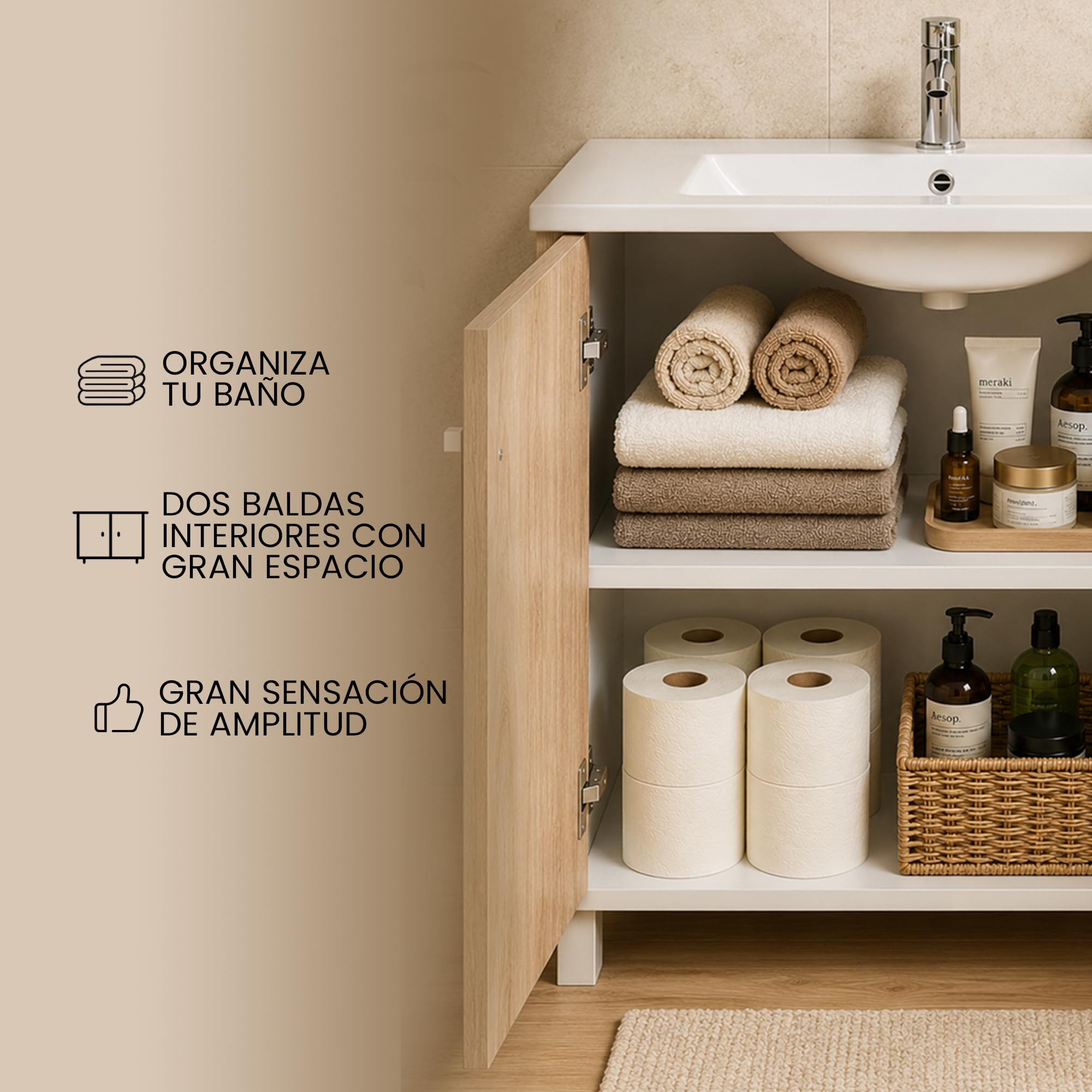 Mueble Baño 80cm Lavabo Baño No Incluye Espejo | Bajo Lavabo Compacto Preinstalado de Fábrica · Lavabo con Pie de Porcelana Ideal