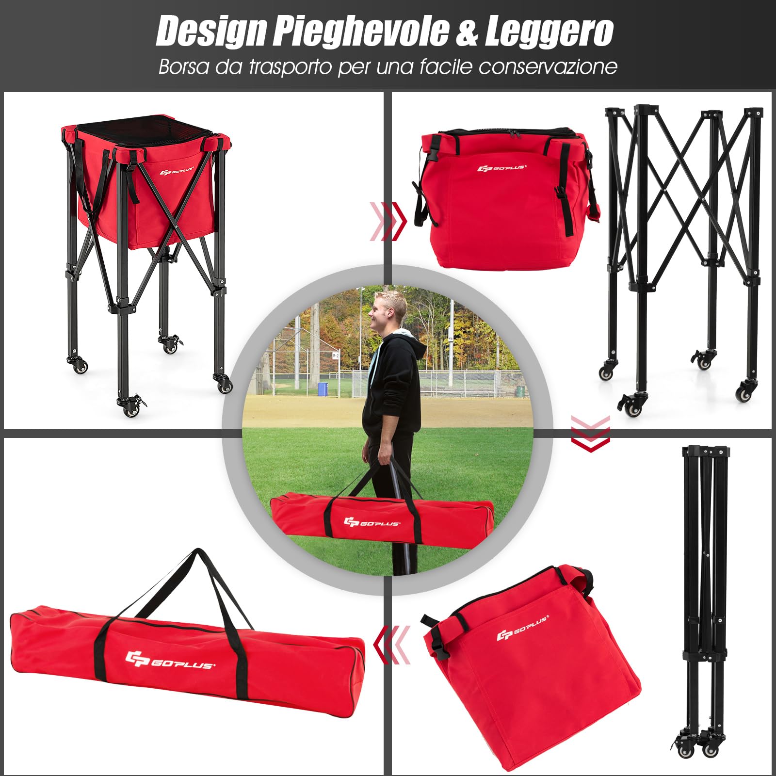 GYMAX Carrello Porta Palline da Tennis Pieghevole in Alluminio e Tessuto Oxford con Capacità di 150 Palline e Sacca Rimovibile, Carrello da Tennis con Ruote per Allenamento, Rosso