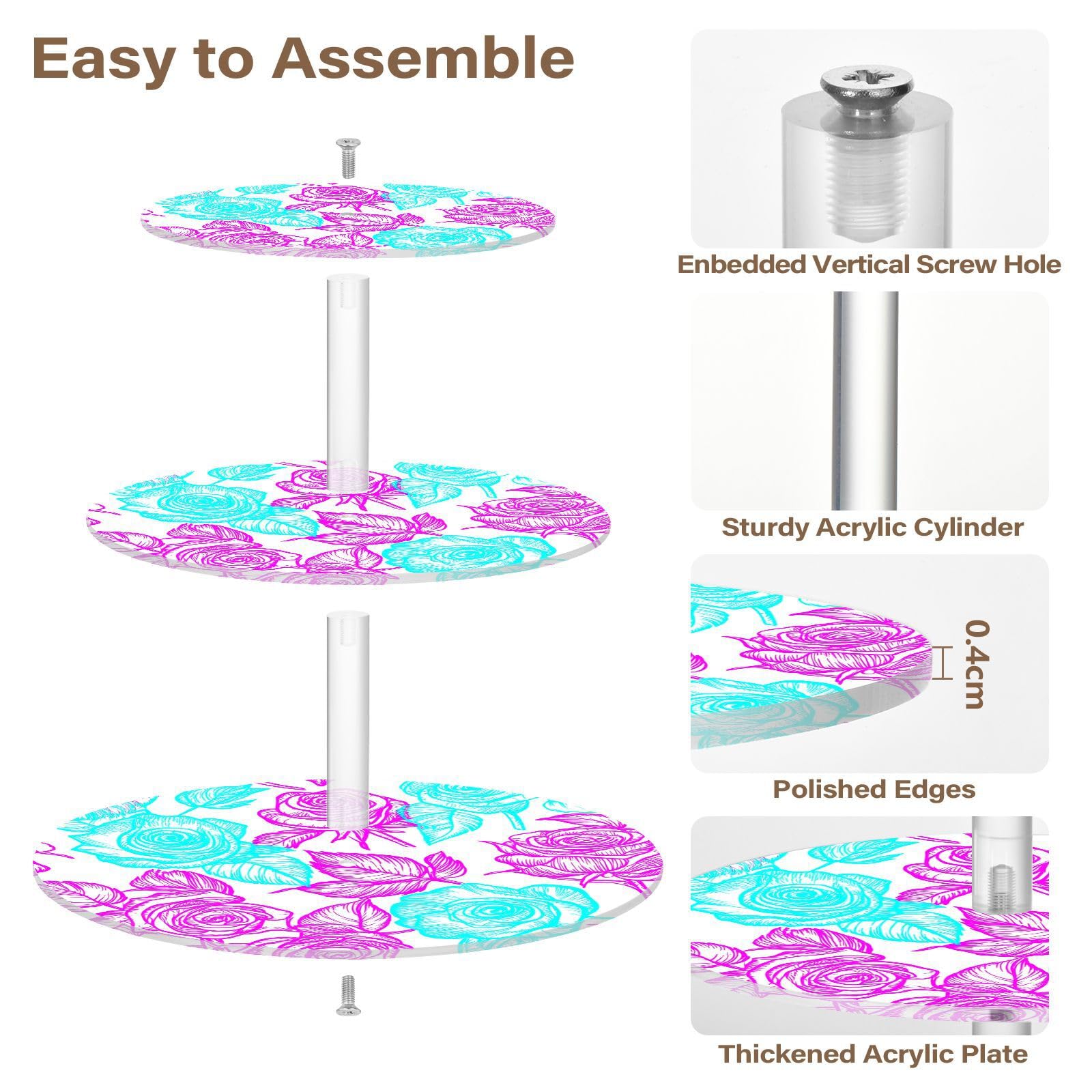 Nander 3 Tier Cupcake Stand,Beautiful Roses Large Cupcake Tower Display, Round Cupcake Holder, Acrylic Dessert Stand, Pastry Display Tree for Party, Wedding, Baby Shower