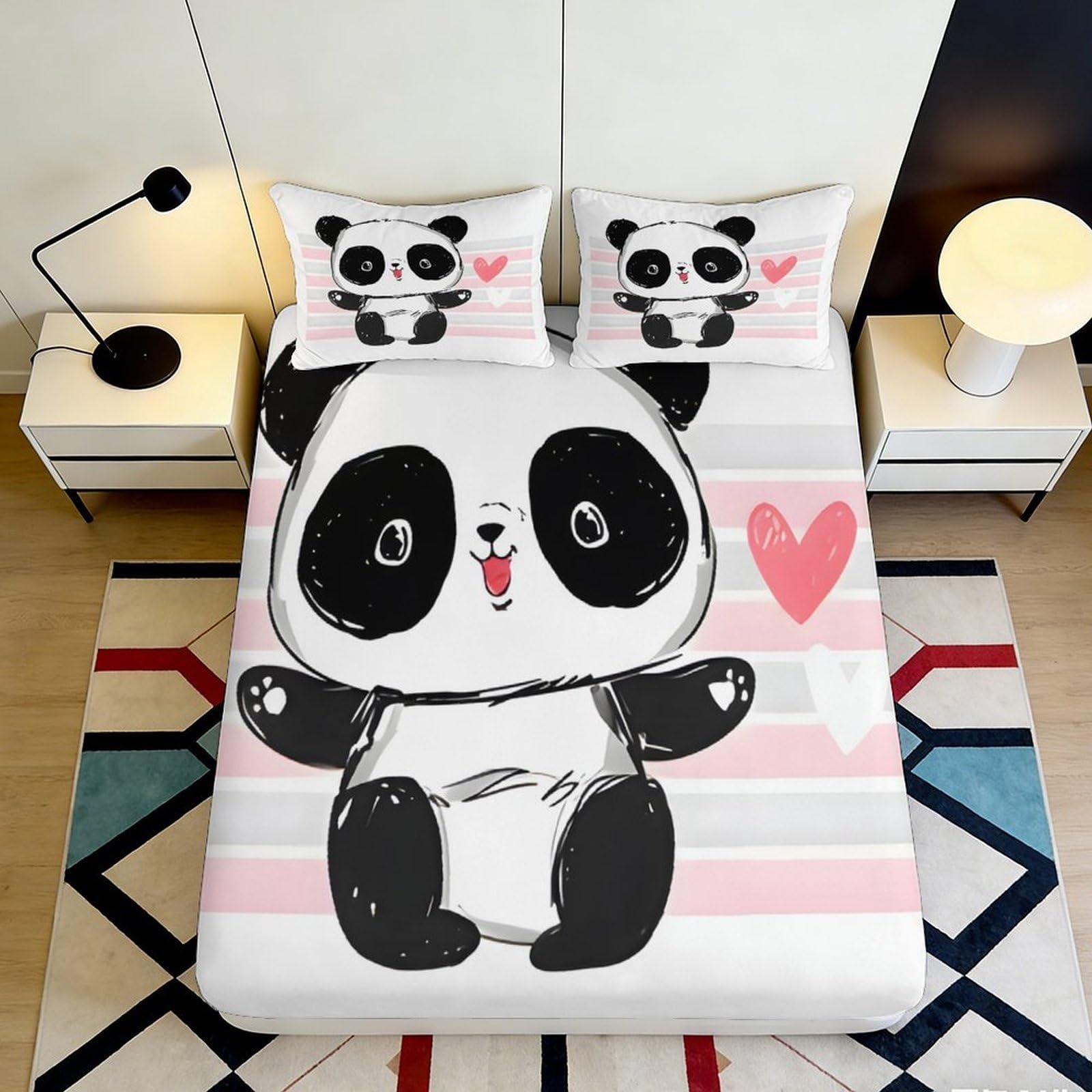 3D Printed Cartoon Panda Fitted Sheet Microfiber Deep Pocket Non-Slip Bedroom Bedding Panda Mattress Fitted Cover Washable 200x200x25cm