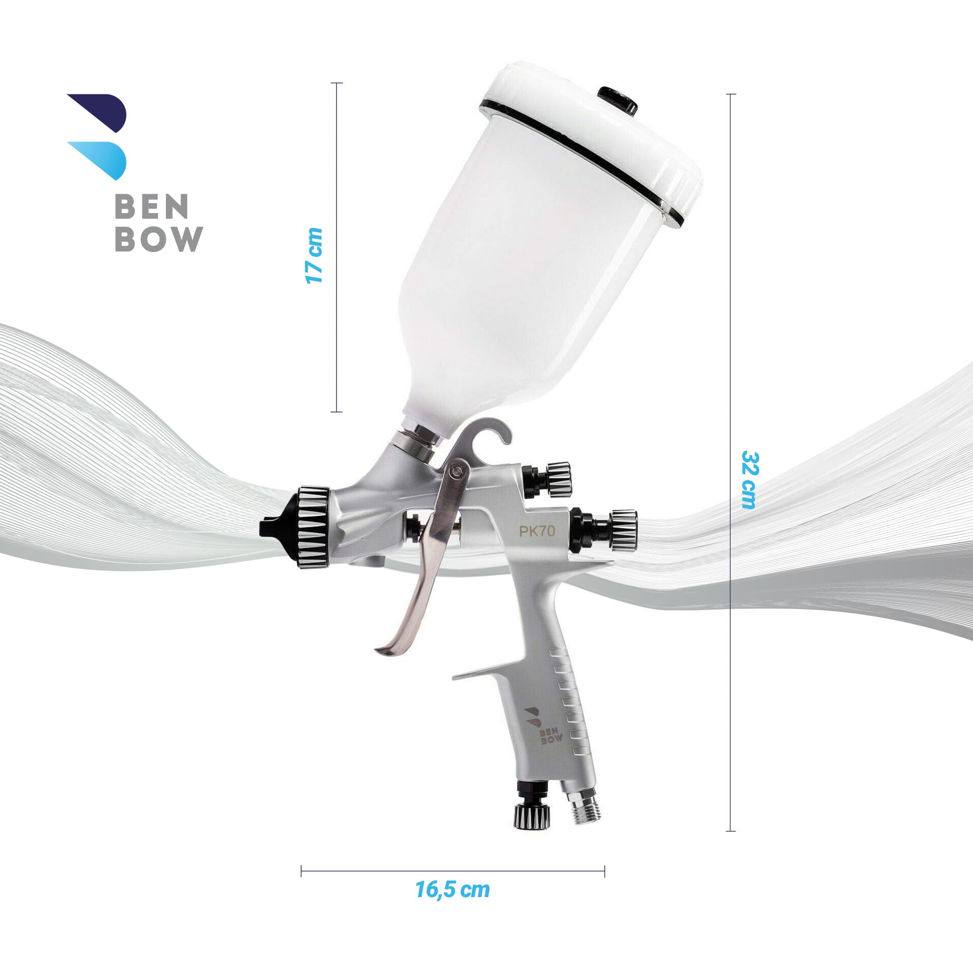 BenBow Farbspritzpistole mit Düsen-Set 1,3 + 2,0 mm - PK70 MP - Spritzpistole Kit mit 600 ml Plastikbecher - 3