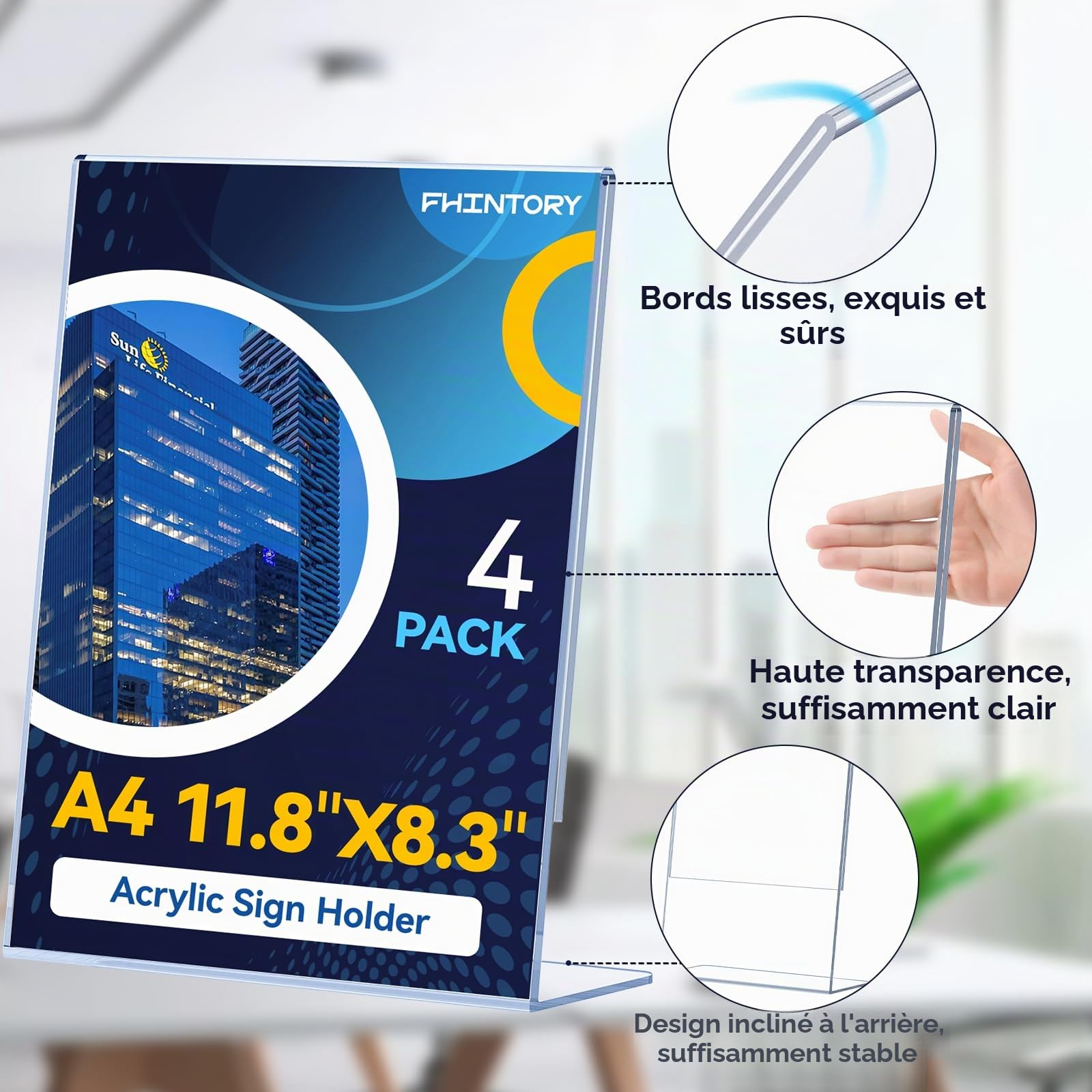 Porte Affiche A4, 4 Présentoirs Flyer Acrylique, Porte Documents A4 Incliné Transparent, Porte Nom Table pour Restaurant, Bureau, Magasin, Comptoir