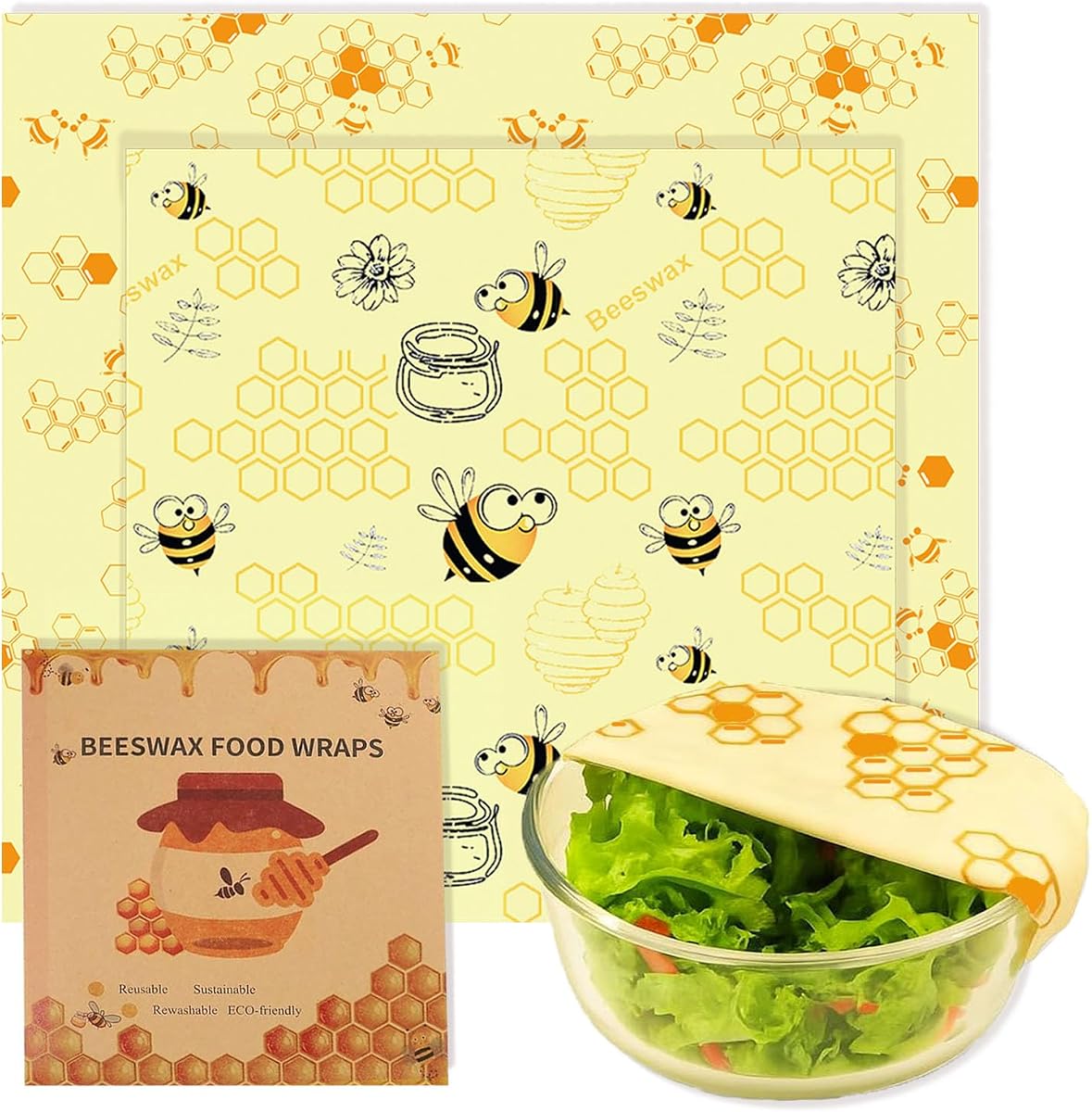 2 PCS Reusable Beeswax Wraps 14 x 13 Inch & 11 x 10 Inch Beeswax Sandwich Wraps for Food Eco-Friendly Sustainable Food Storage Wraps