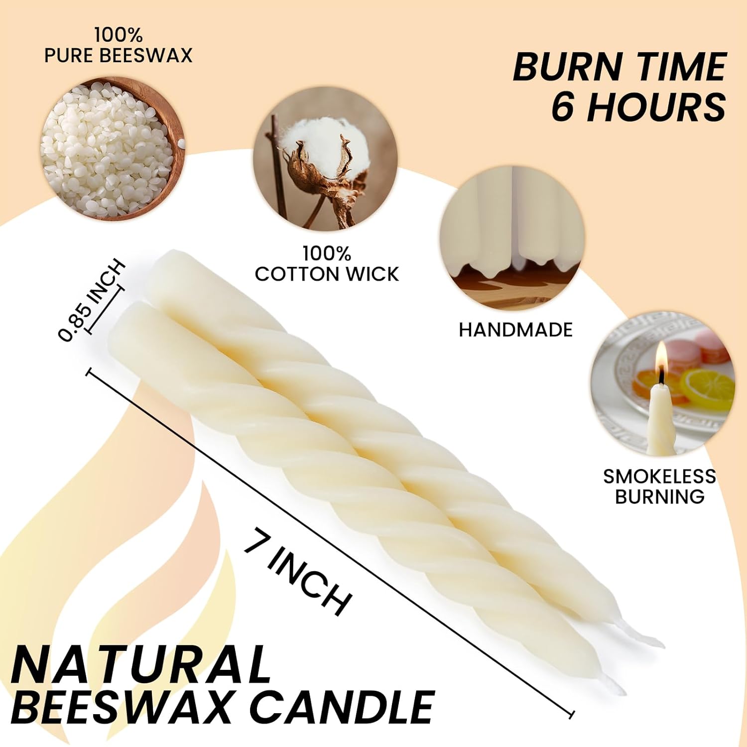 16PCS 7-Inch Pure Beeswax Spiral Taper Candles, Twisted Stick Candles, Dripless & Unscented for Weddings, Christmas, Dinner, Meditation - White
