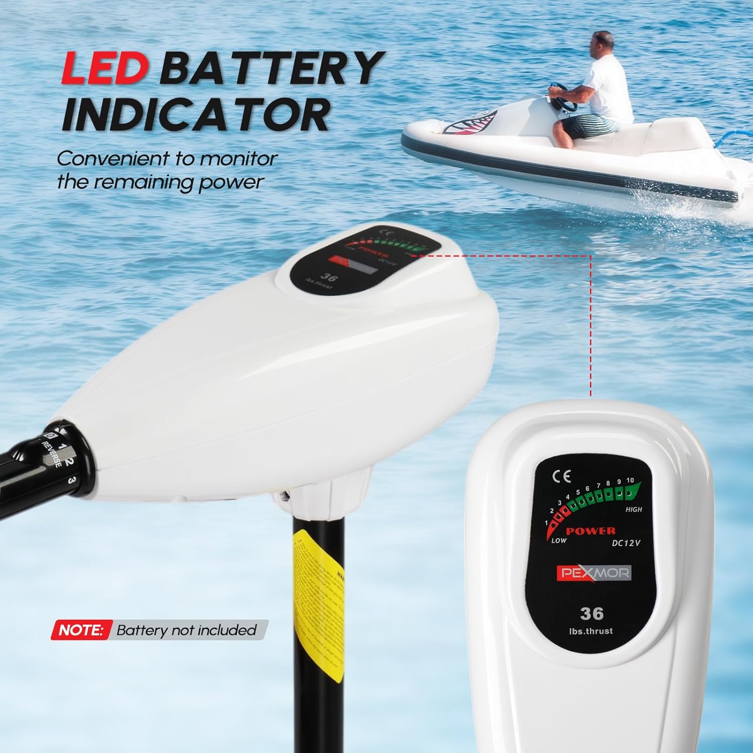 PEXMOR 8 Speed Electric Trolling Motor, Electric Outboard Boat Motor w/Adjustable Handle & LED Indicator, Transom Mounted for Saltwater, Kayak, Fishing Boat