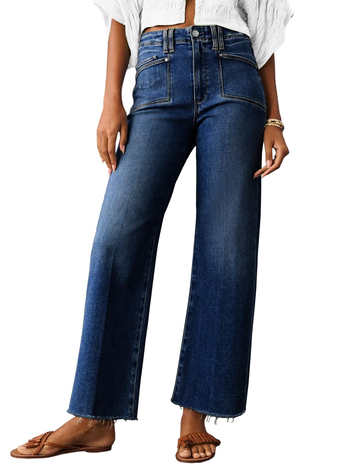 Cicy Bell Womens High Waisted Cropped Jeans Trendy Stretchy Baggy Straight Leg Raw Hem Capri Denim Pants