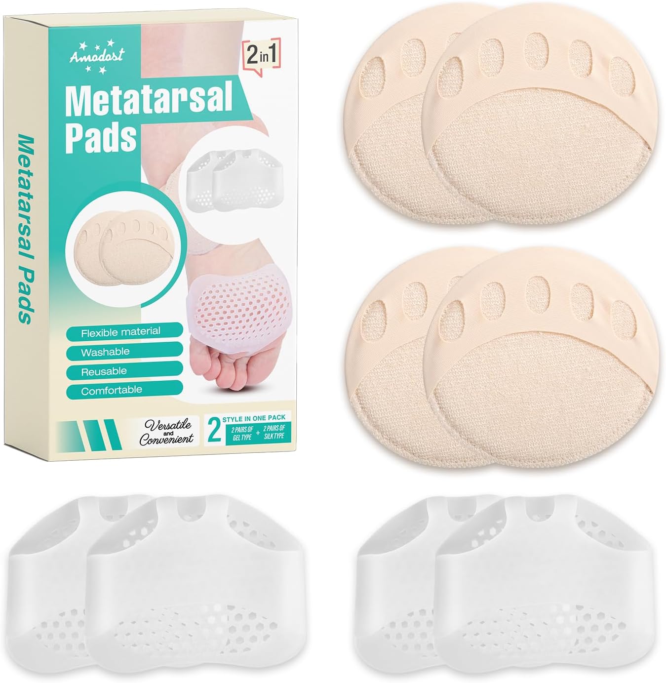 Metatarsal Pads for Women and Men - AMODOST Ball of Foot Cushions Shoe Pads for High Heels - Soft Gel and Fabric Reusable Forefoot Heel Pads Feet Pain Relief - 4 Pairs