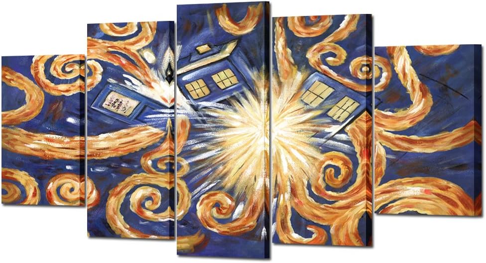 VVOVV Wall Decor Famous Wall Art Doctor Who Van Gogh's Exploding Tardis Pattern 5 Pieces Large Canvas Oil Painting Printed on Canvas Framed Artwork Canvas Prints for Home Decoration Ready to Hang
