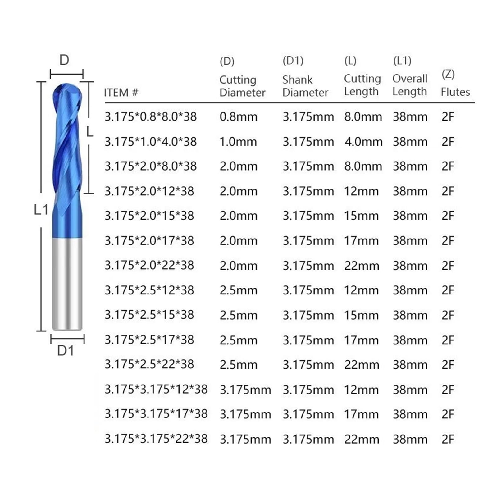 Fresa De Punta Bola, Vástago Carburo, 2 Flautas, Broca Enrutadora CNC Con Revestimiento Nano Azul for Carpintería, 1 Ud