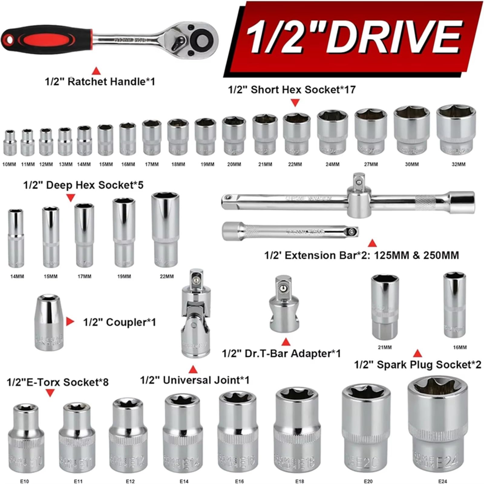 llaves Combinadas Juego De Llaves De Vaso De 108 Piezas Caja De Trinquete Para Coches Con Llaves De Tubo De Trinquete Reversibles De 1/4 "y 1/2" Juego De Puntas