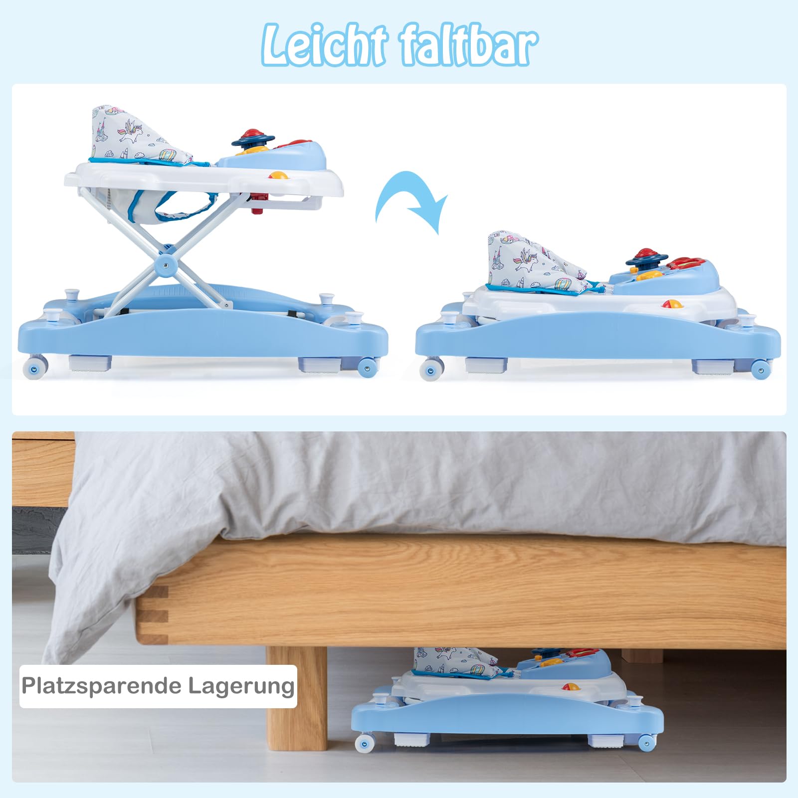 GOPLUS 6 in 1 Lauflernwagen, Lauflernhilfe faltbar mit Rädern, Baby Walker mit Fußkissen, Lichtern, Musik, Spielzeug & 3 verstellbare Höhen, Gehfrei für Baby ab 6 Monate, belastbar bis 12KG (Blau)
