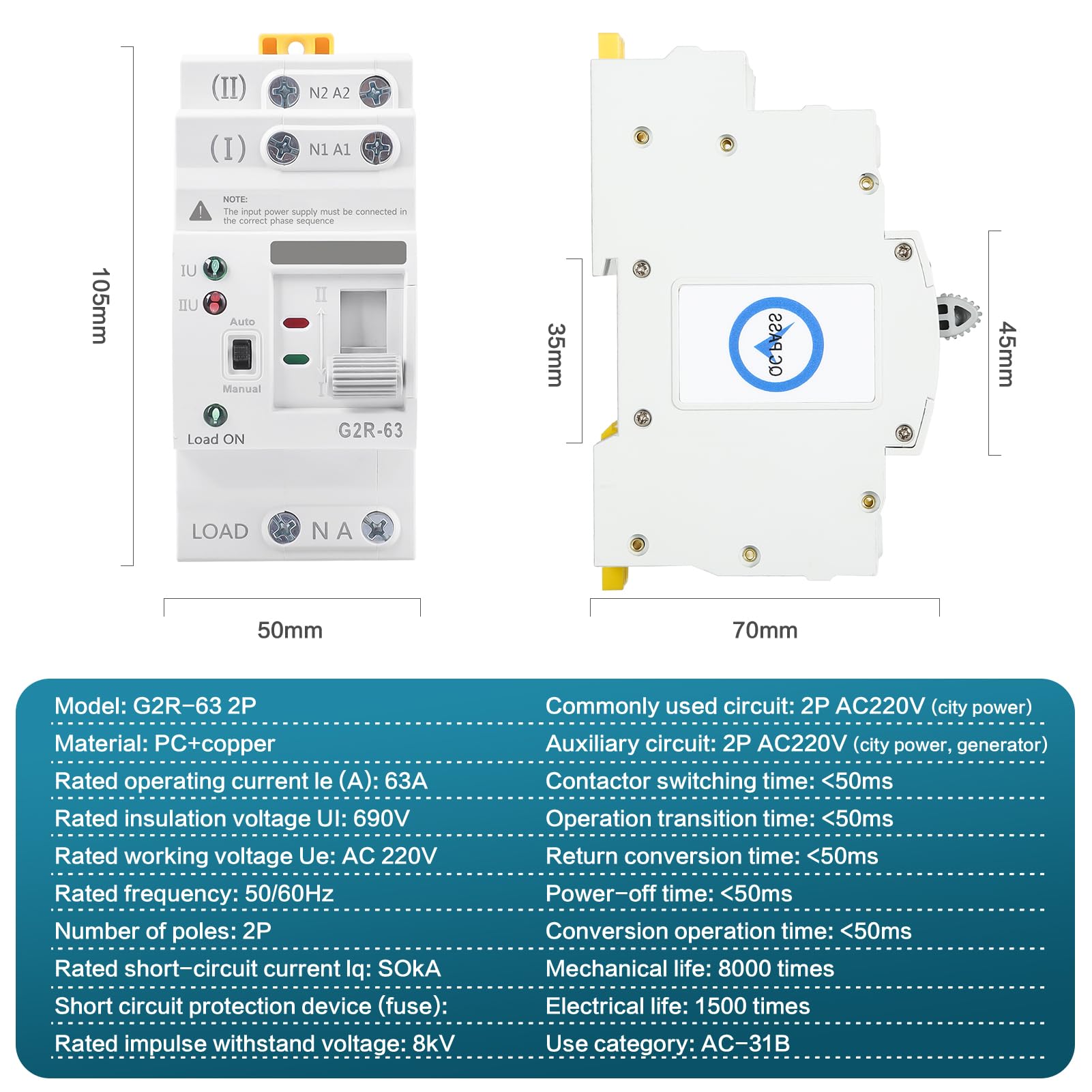 Jadeshay Commutateur de Transfert Automatique G2R ATS Inverseur de Source Automatique 63A 2P Sélecteurs électriques 220V