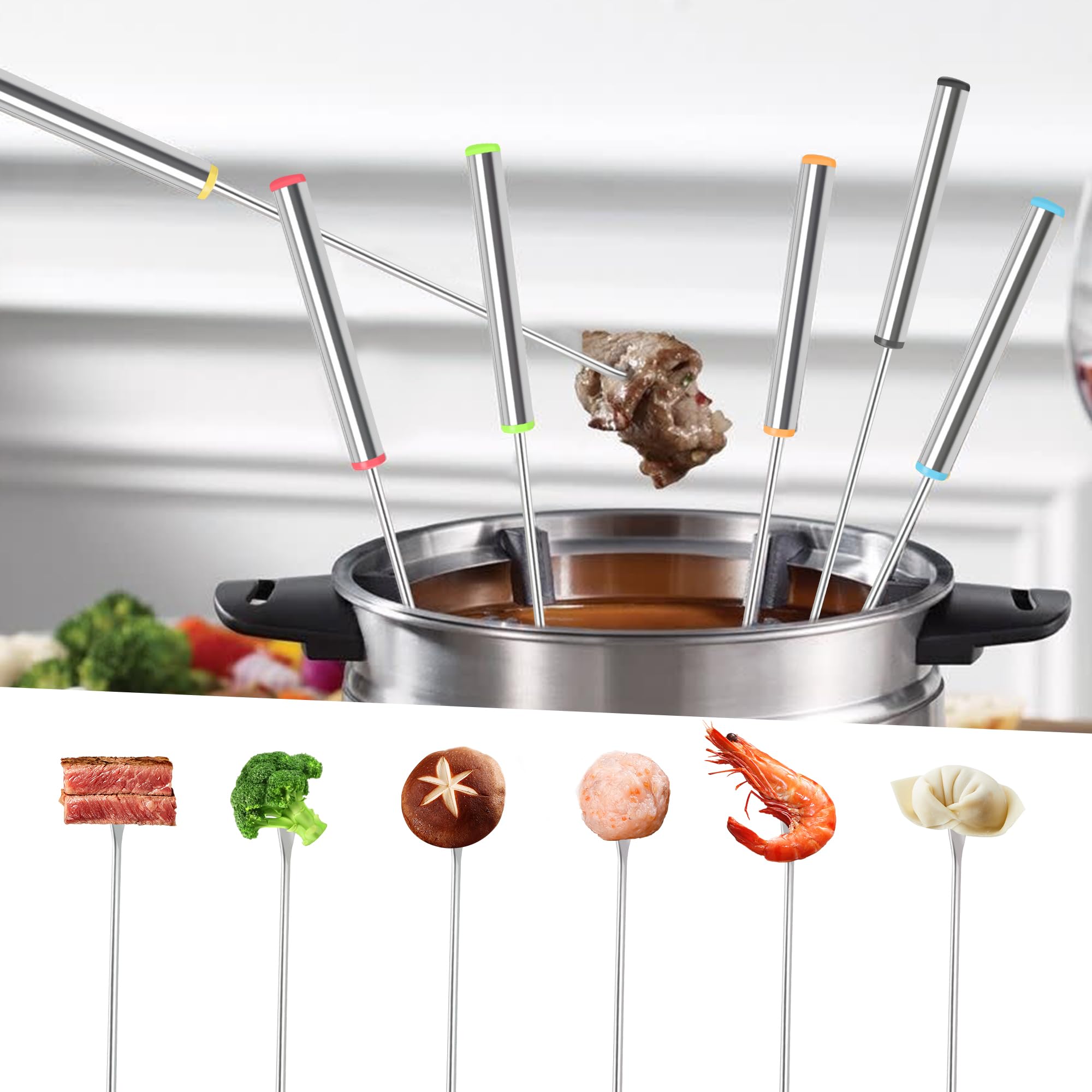 6PCS 9.5 Inch Stainless Steel Forks, Color-Coded Fondue Forks, Heat Resistant Handle, Dishwasher Safe, Suitable For Chocolate Fountain, Cheese, Hot Pot, Barbecue, Marshmallows