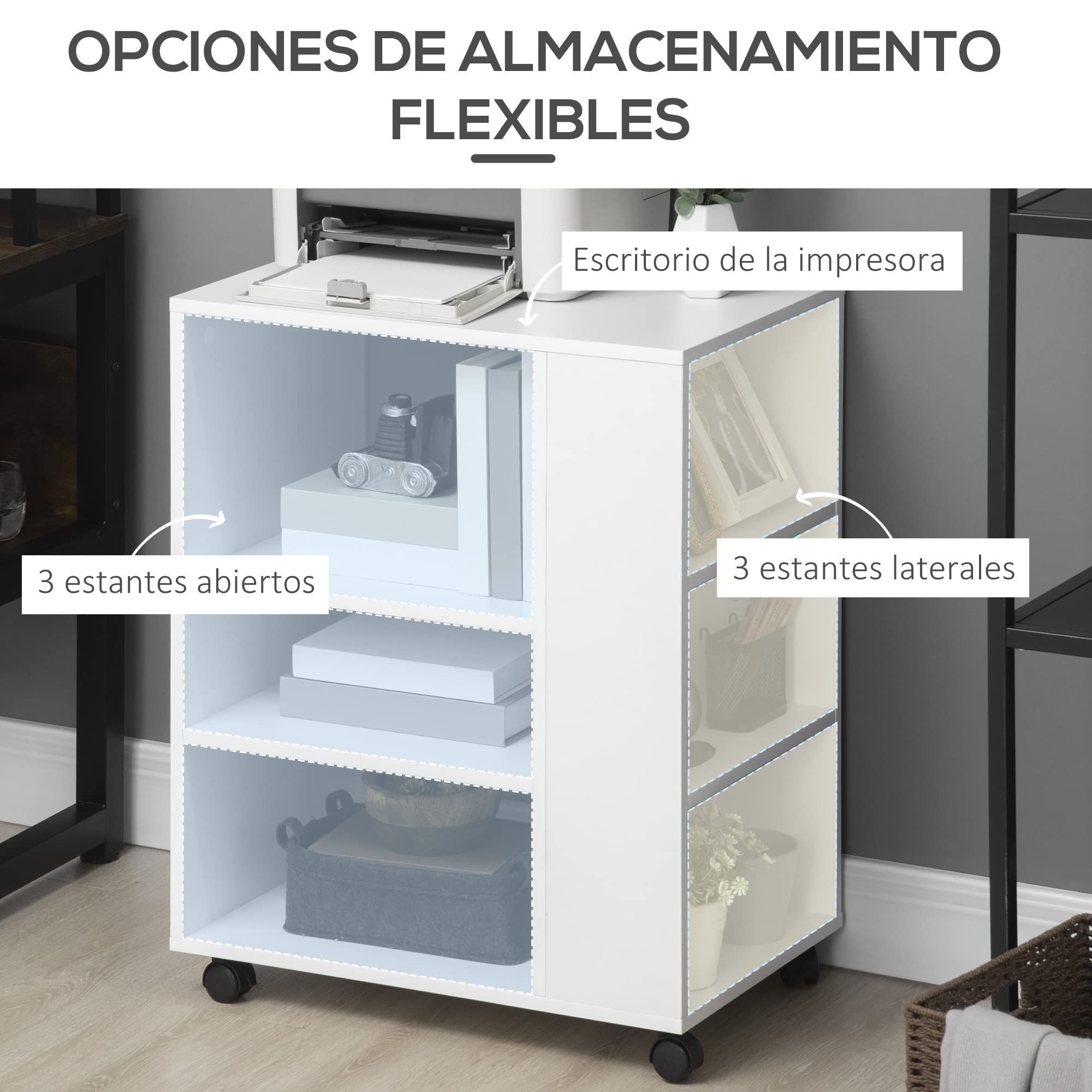 Vinsetto Armario para Impresora Mueble Auxiliar de Oficina con Ruedas con 3 Estantes Laterales y 2 Frenos Carga 30 kg para Dormitorio Cocina Salón 60x40x75,8 cm Blanco