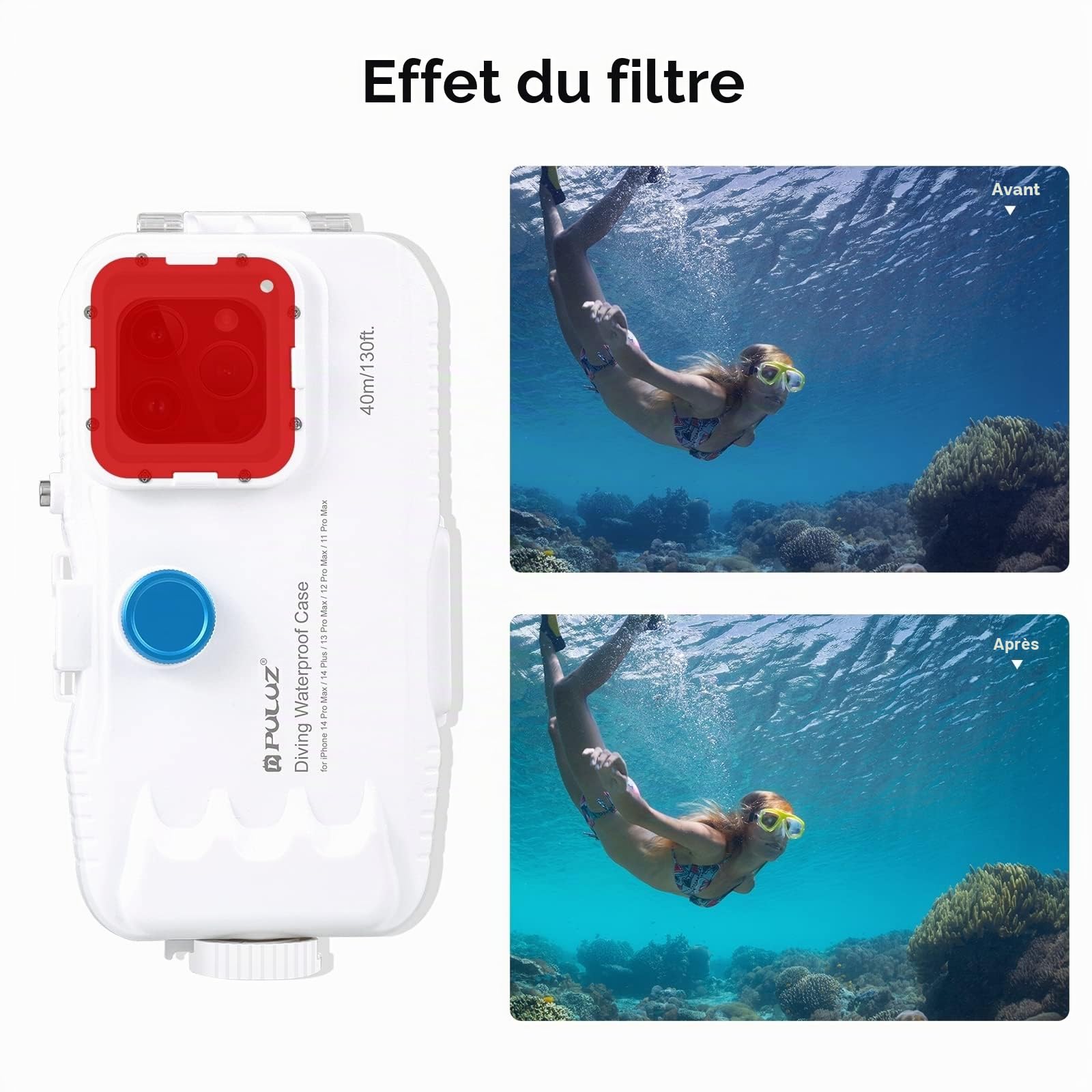 PULUZ Étui de plongée étanche à 40m/130ft pour iPhone 15 Pro Max / 15 Plus / 14 Plus / 14 Pro Max / 13 Pro Max / 12 Pro Max / 11 Pro Max, Couverture de boîtier sous-Marin