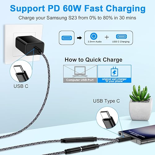 Miniatura 2 de Adaptador USB C para auriculares Samsung S23 FE y cable de carga rápida de 60 W tipo C para Galaxy S24 S22 Ultra Plus S21 S20 A54 A14 A13 A53, Pixel