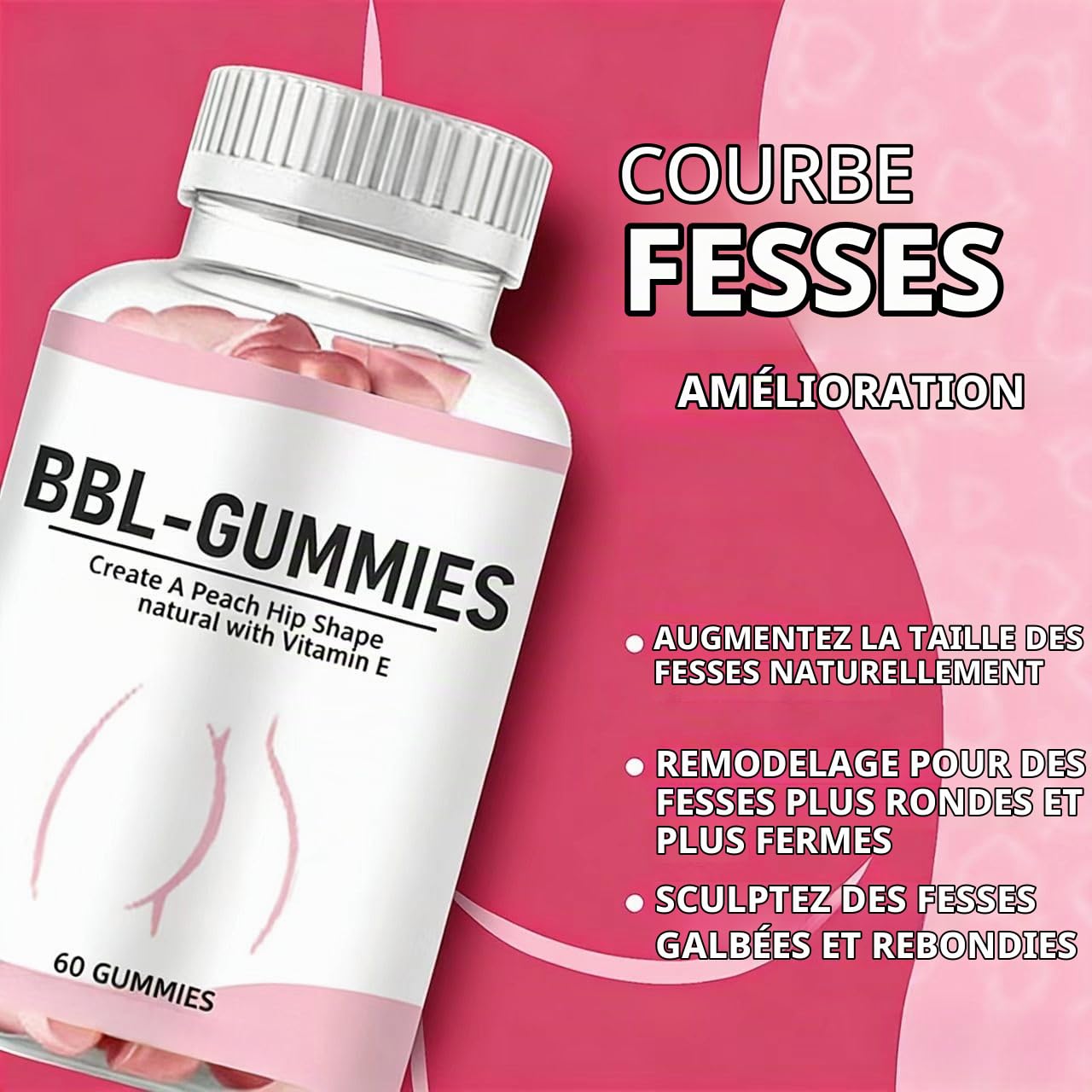 BBL Gummies, Aide à la croissance naturelle des fesses | nourrit la peau et l'élasticité, favorise la circulation sanguine, saveur de pêche