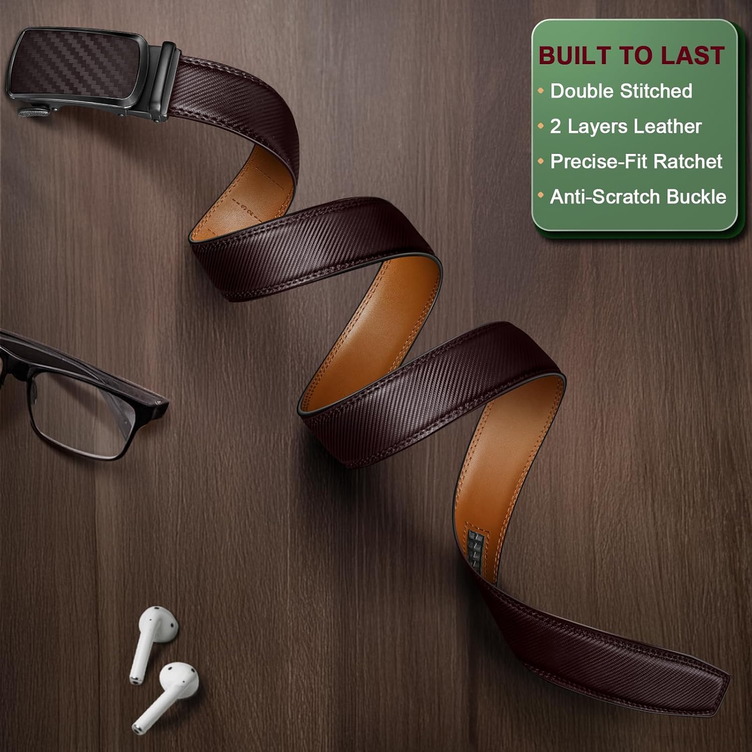 KEMISANT Belt Men, Sliding Ratchet Belt Genuine Leather For Gift Mens Dress Pants Oxfords,Size Adjustable - Image 2