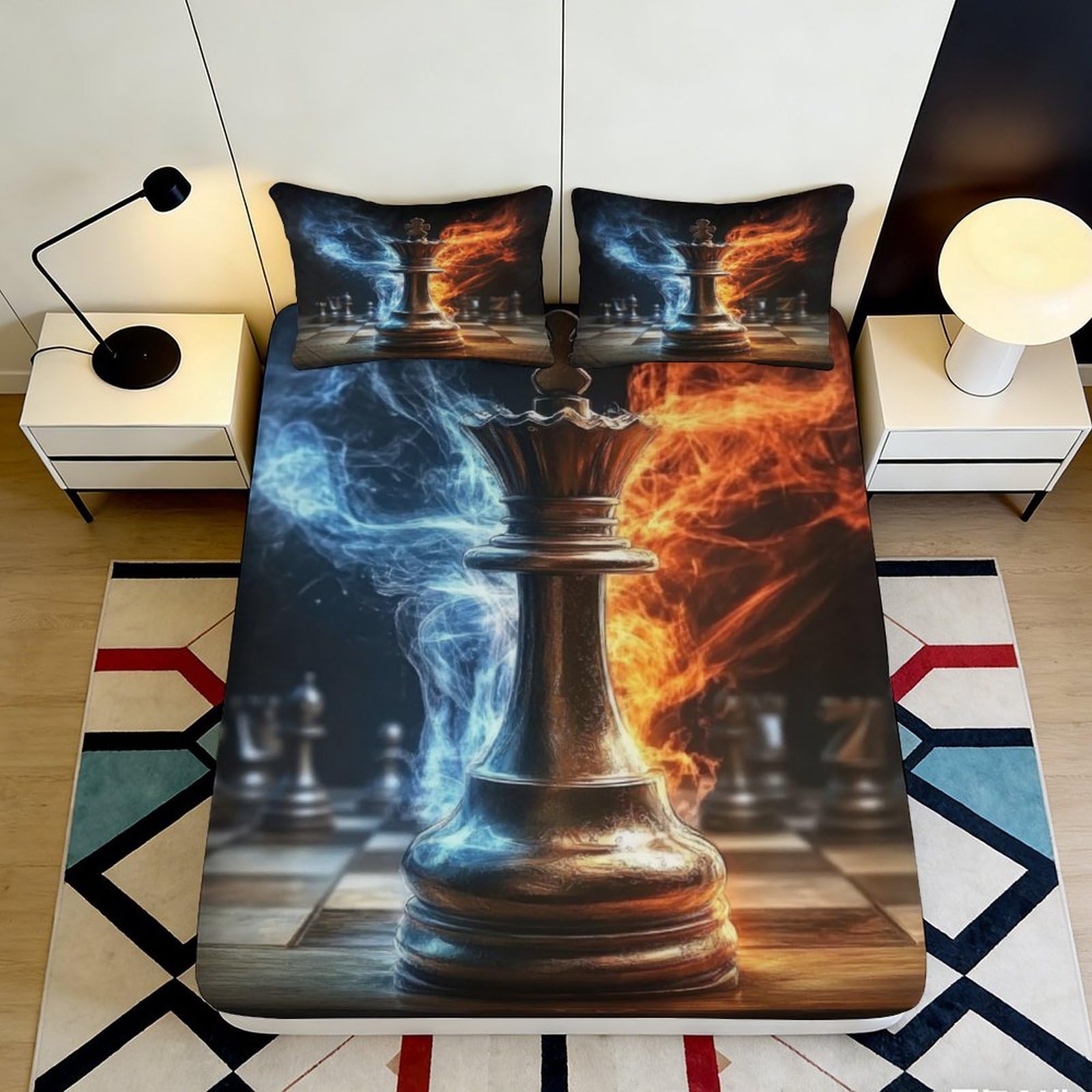 3D Printed Fire Ice Chess Fitted Sheet Microfiber Deep Pocket Bed Set Fire Chessboard Mattress Fitted Cover Non-Slip Washable 90x200x25cm