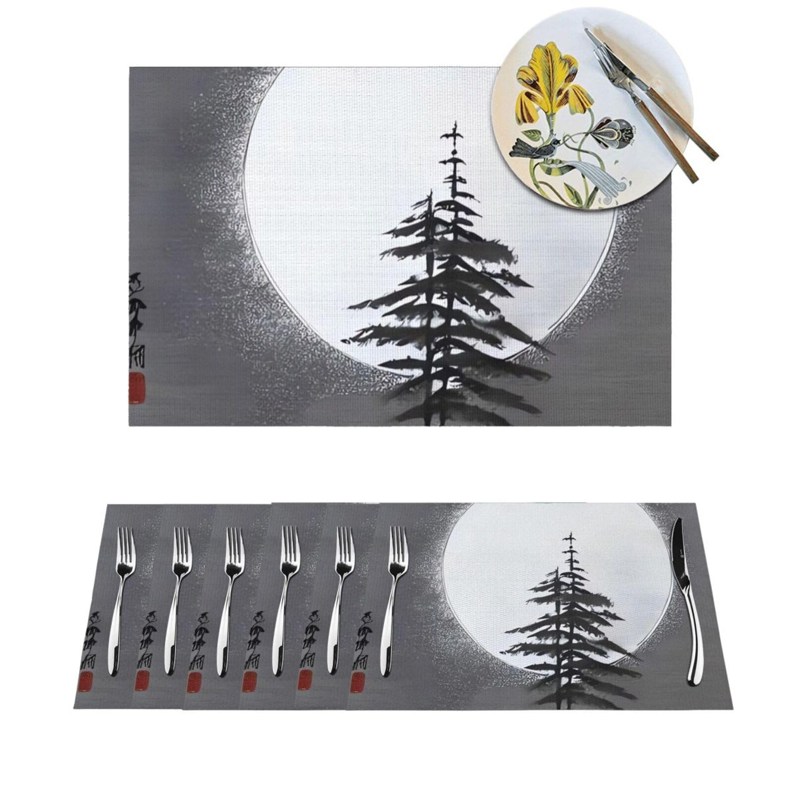 Sets de table pour intérieur et extérieur motif lune et pin PVC