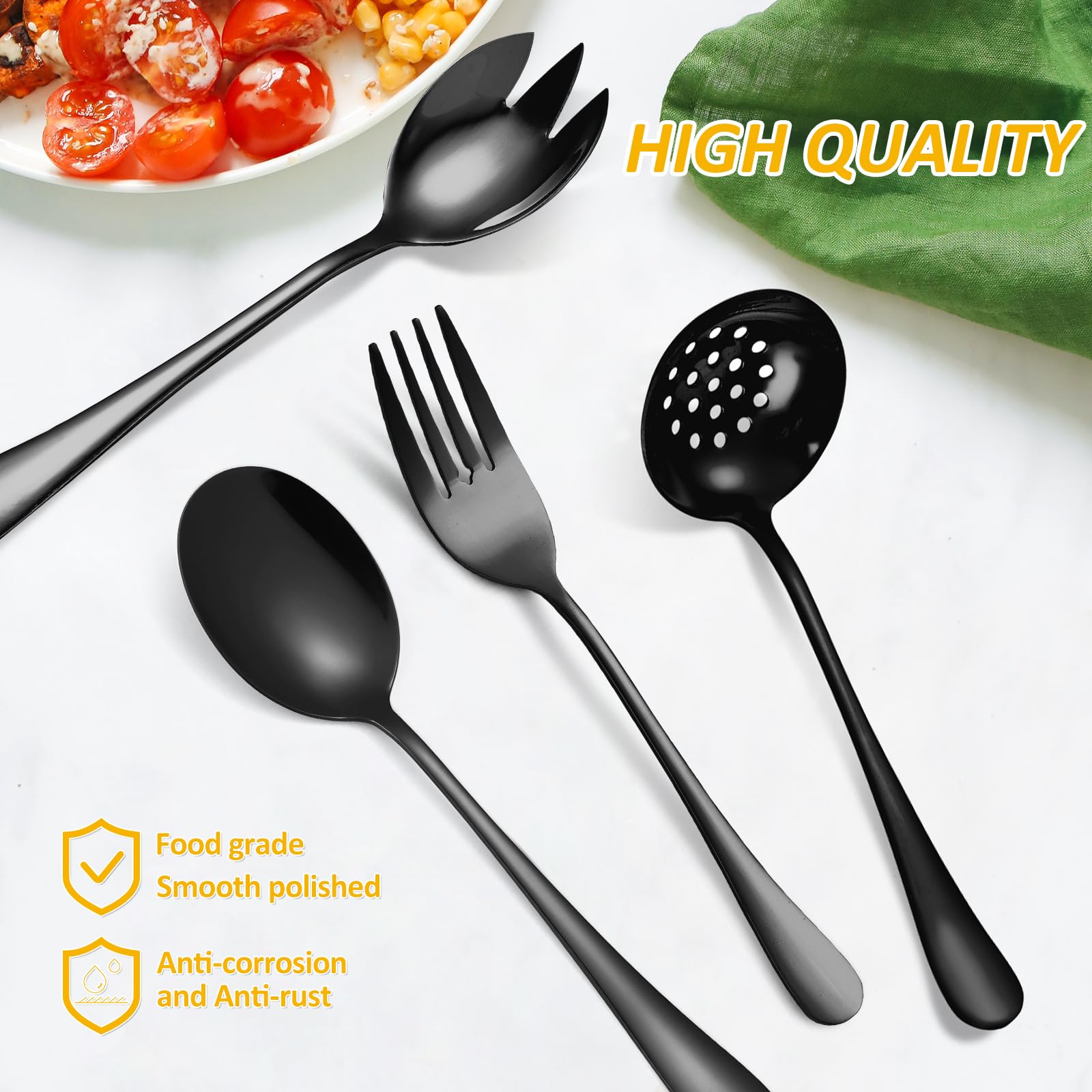 Gli utensili da portata includono grandi cucchiai da portata scanalati, forchette da portata, pinze da portata, mestolo da zuppa e torta, utensili da portata per buffet, catering, lavabili in