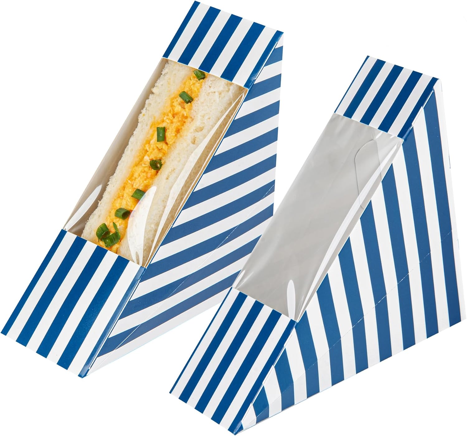 Restaurantware Cafe Vision 4.8 x 2 Inch Sandwich Paper Boxes 200 Small Sandwich Wedge Boxes - With Window Disposable Blue And White Paper Triangle Sandwich Containers Striped Grease-Impervious