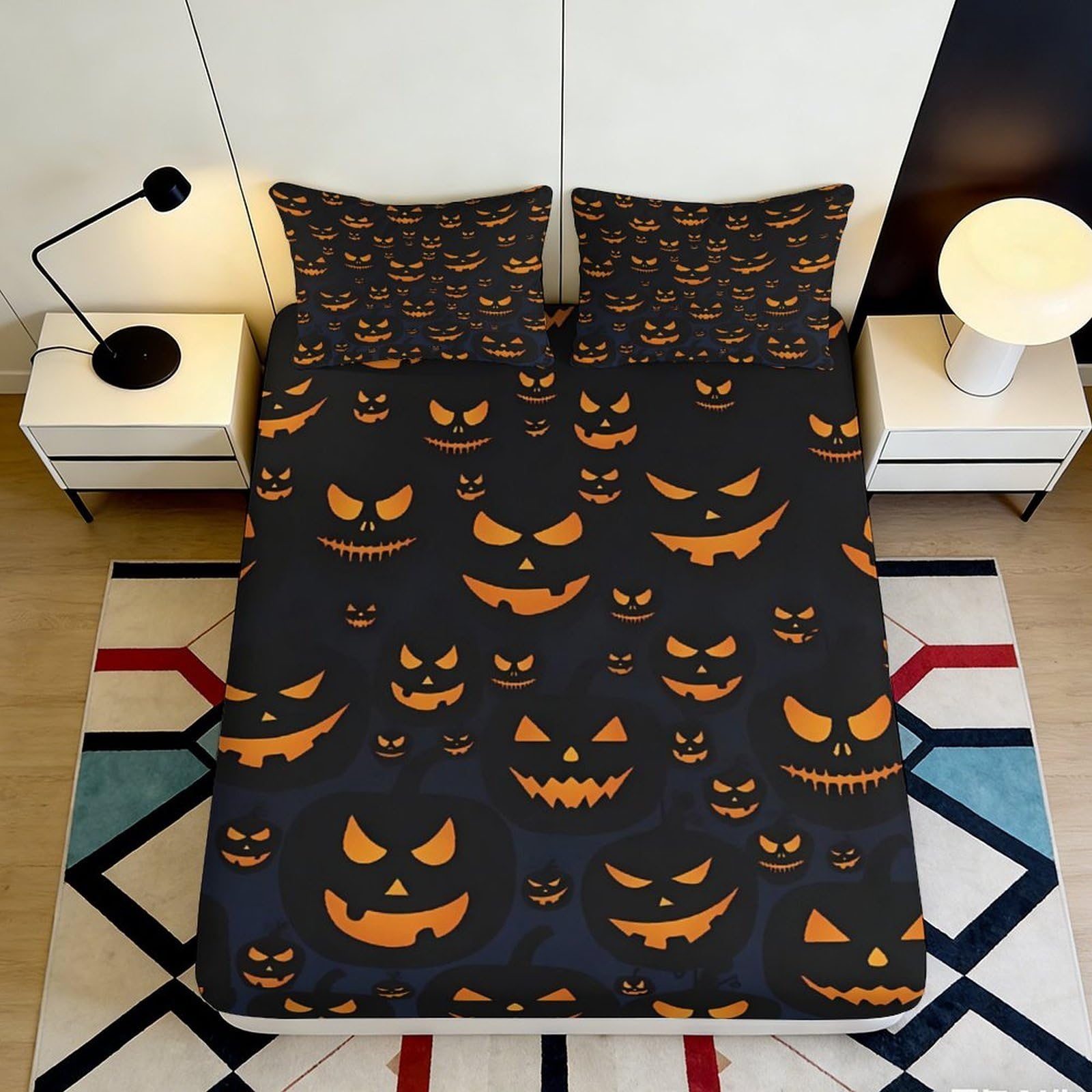 3D Printed Halloween Pumpkin Fitted Sheet Microfiber Soft Breathable Halloween Pattern Bed Cover for Bedroom Dormitory Guest Room Mattress Protection 200x200x25cm