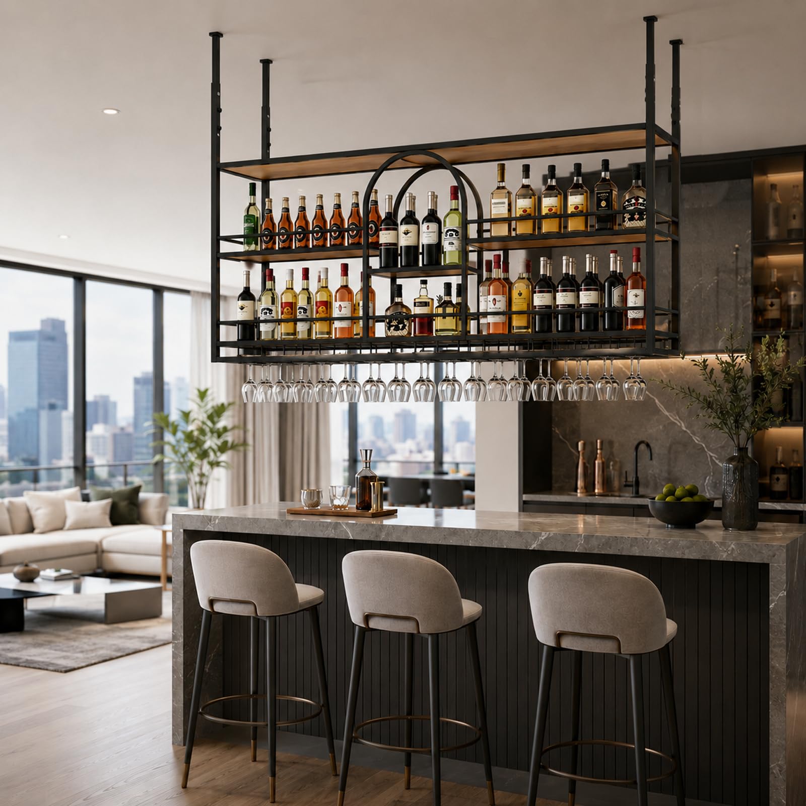 Portabottiglie da Soffitto con Altezza Regolabile, Scaffale Vino Sospeso in Metallo con Portacalici Integrato, Portabottiglie Industriale Salvaspazio per Cucina, Soggiorno, Home Bar (BLACK, 100cm)