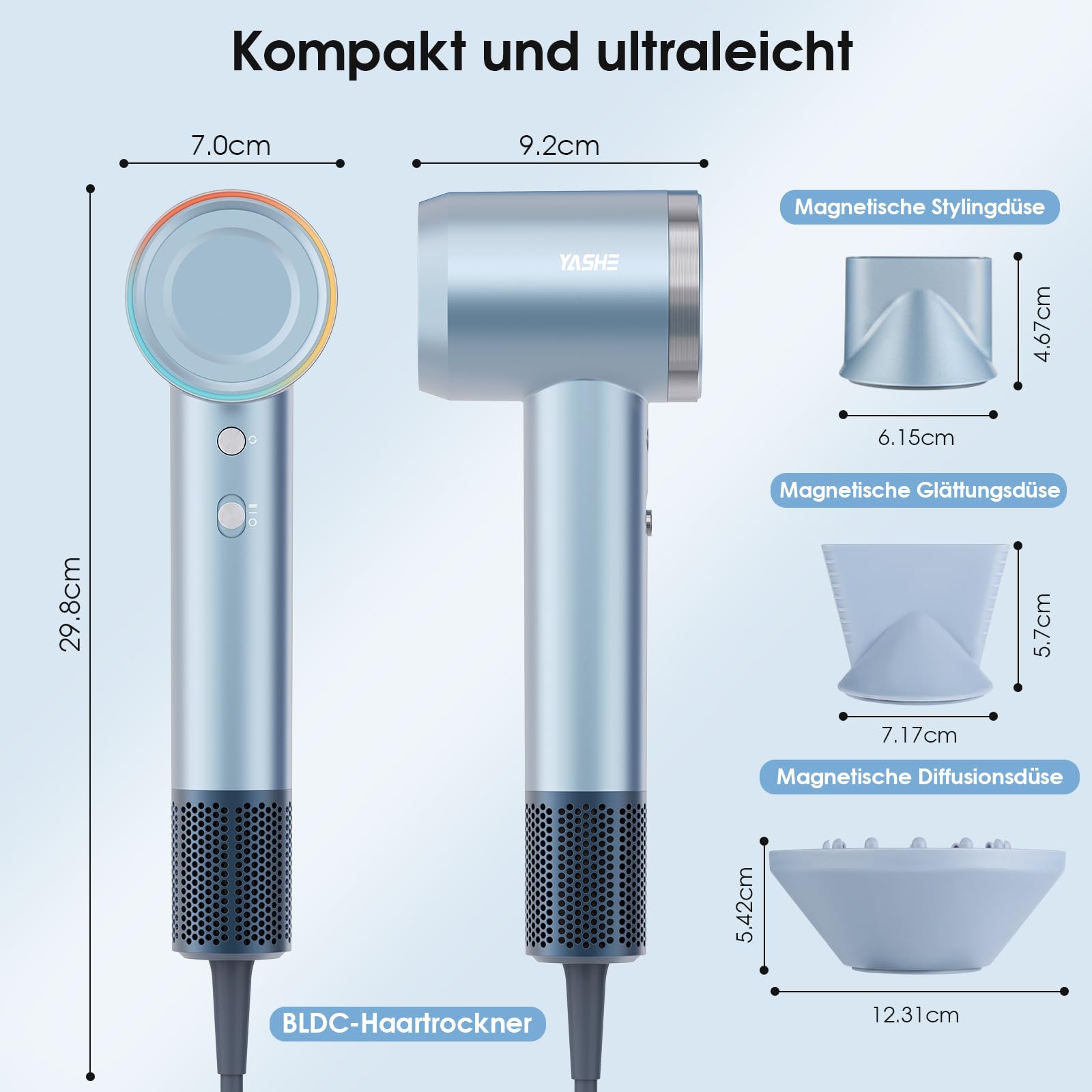 YASHE Ionen Haartrockner, 110.000 U/min Hochgeschwindigkeits-Bürstenloser Motor, Leises Schnelles Trocknen 22m/s, 1600W Föhn mit Diffusor, für Salon Zuhause Reisen