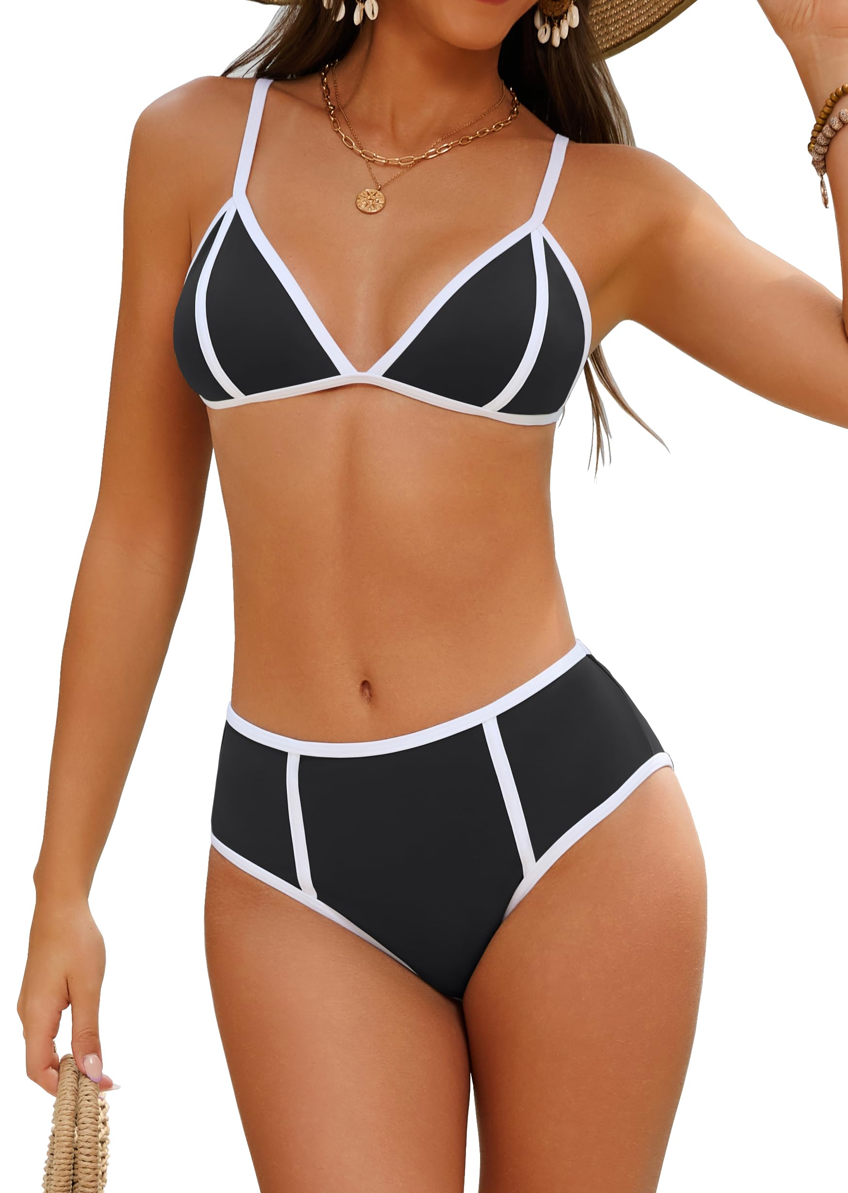 LKAIIN High Waisted Bikini Sets for Women Color Block Bikinis Sexy V Neck Triangle Swimsuits 2 Piece